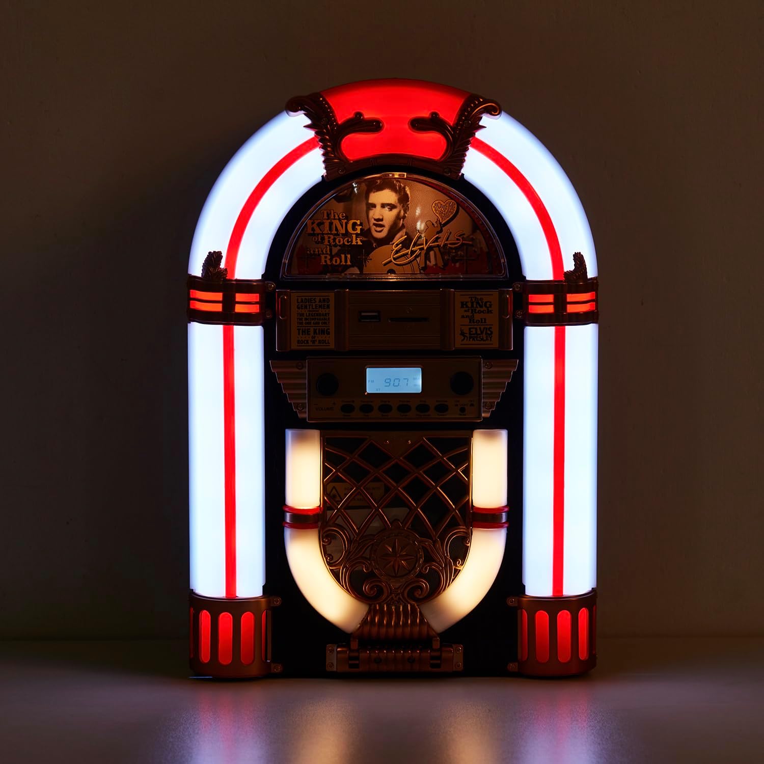 arkrocket athena mini jukebox/tabletop cd player/bluetooth speaker/radio/usb and sd card player with retro led lighting system (black golden)