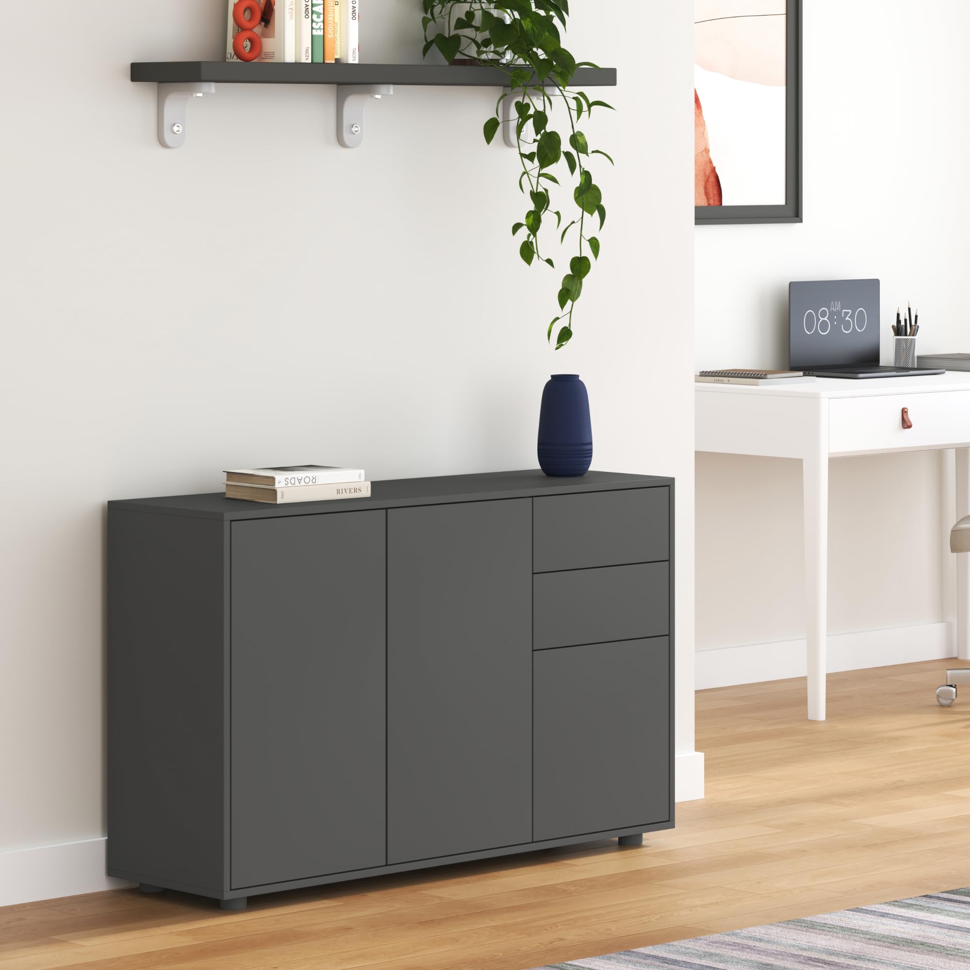 [en.casa] Aparador Paarl Cómoda Armario Bajo 74 x 117 x 36 cm con 2 Cajones y 3 Puertas Organizador de Oficina Sideboard Cajonera Multiusos Mueble Auxiliar Sin Mango - Gris Oscuro Mate