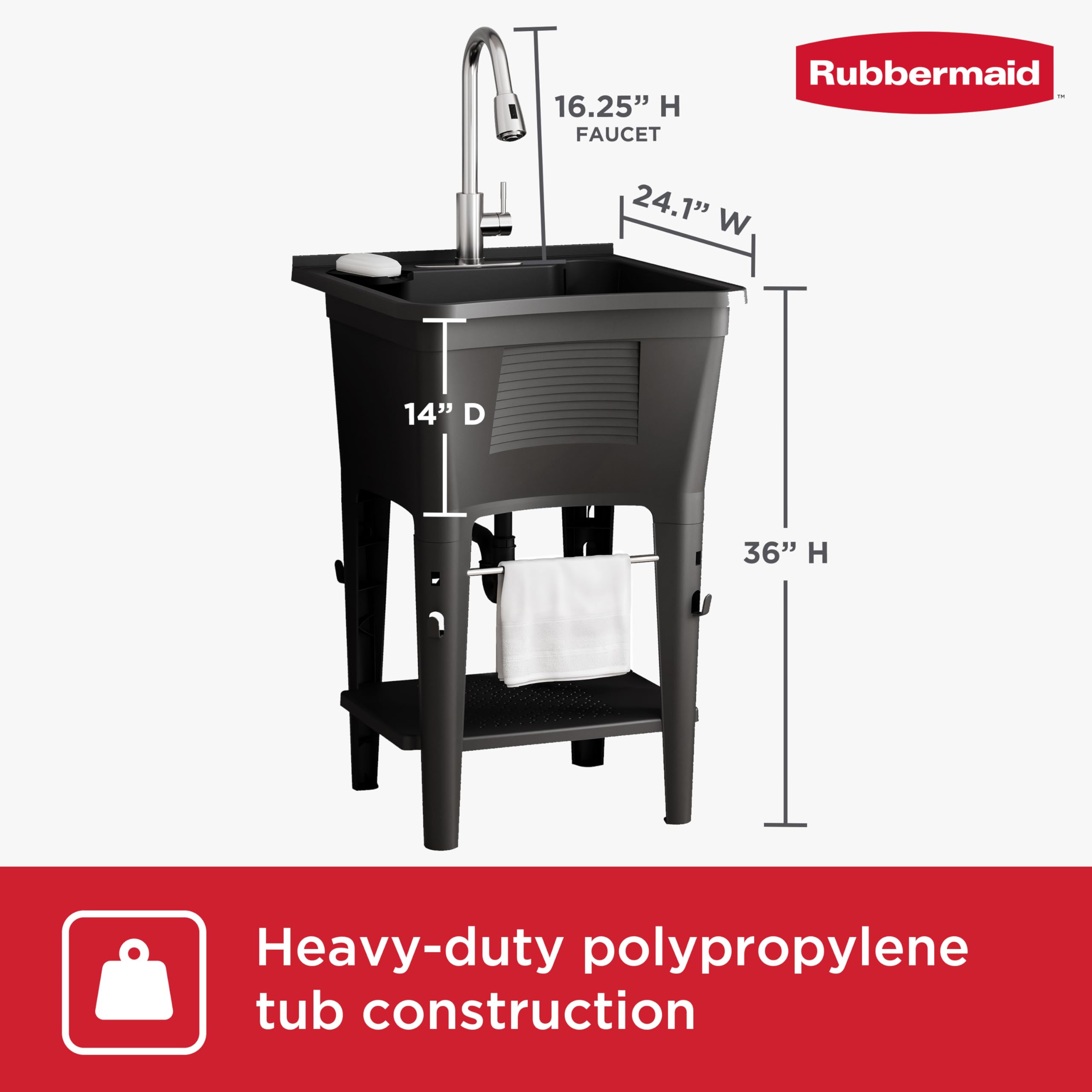 Rubbermaid Fregadero utilitario, fregadero independiente con grifo rociador de acero inoxidable de alta calidad, para lavandería, sótano, garaje, 24 pulgadas de largo x 24 pulgadas de ancho x 52.5