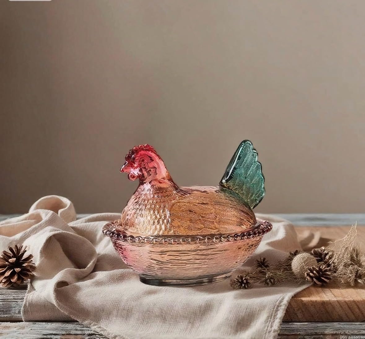 Vintage Glass Hen on Nest Dish with Lid - Large Pedestal Rooster Glass Candy Bowl, Colorful Crystal Candy Jar for Snacks, Dessert, Cookies | Home Kitchen Office Tabletop Decor