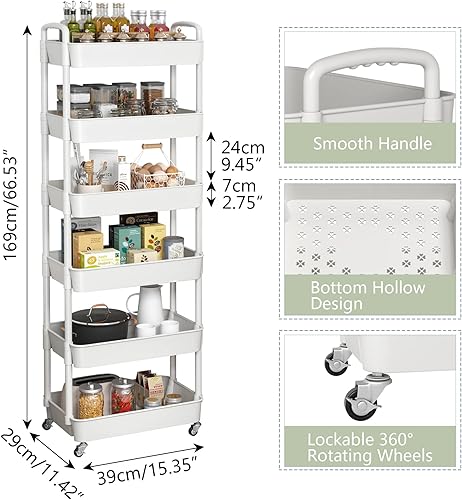 Miniatura 3 de Sywhitta Carrito utilitario de plástico de 3 niveles con asa, carrito de almacenamiento multifuncional para oficina, sala de estar, cocina,