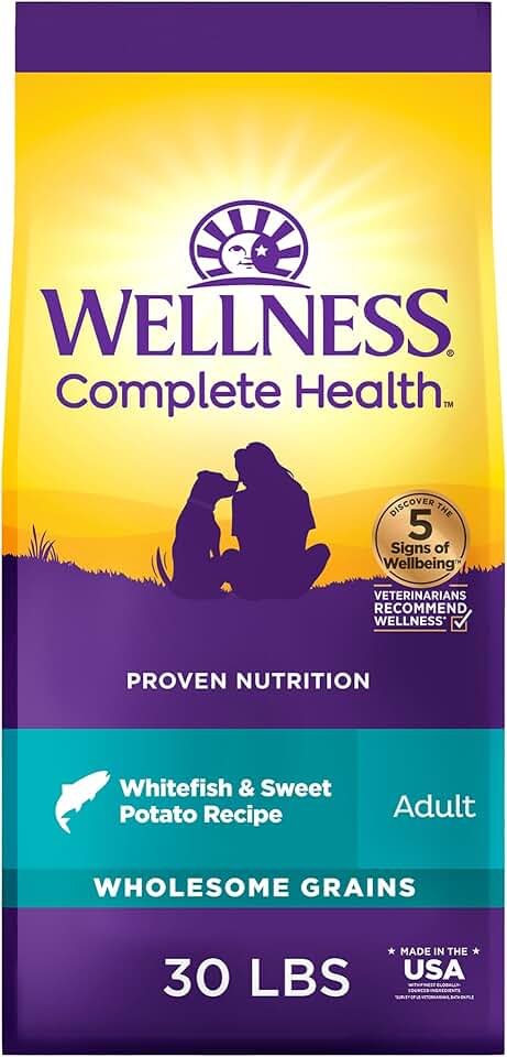 Wellness Complete Health Adult Dry Dog Food, Wholesome Grain Kibble, Natural, Chicken Free, Whitefish and Sweet Potato Recipe, 30 lb Bag