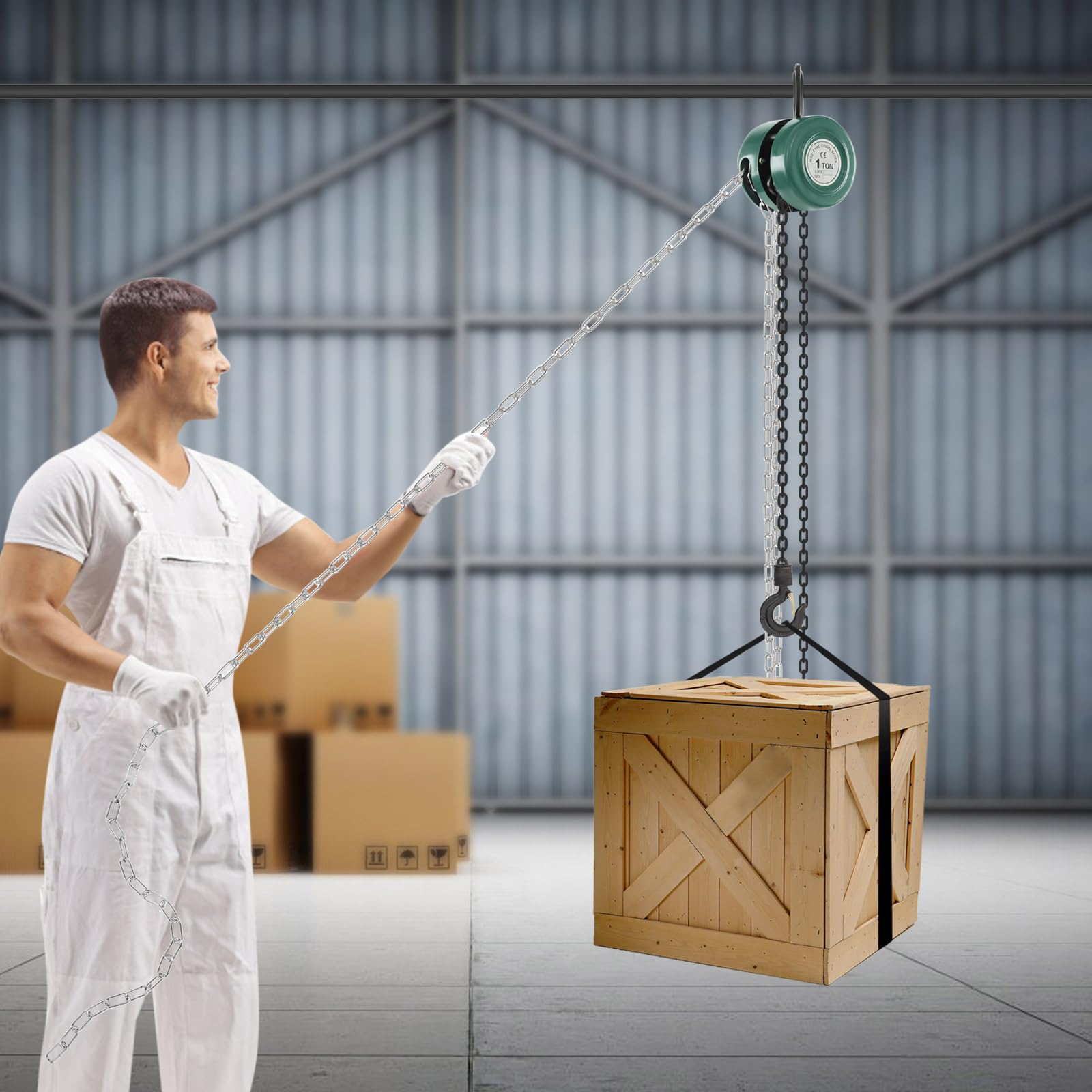 Paranco manuale a catena 1 tonnellata (1000 kg), portata – 3 m di altezza di sollevamento, gancio di sicurezza girevole a 360°, robusto paranco per officina, cantiere e trasporto, verde