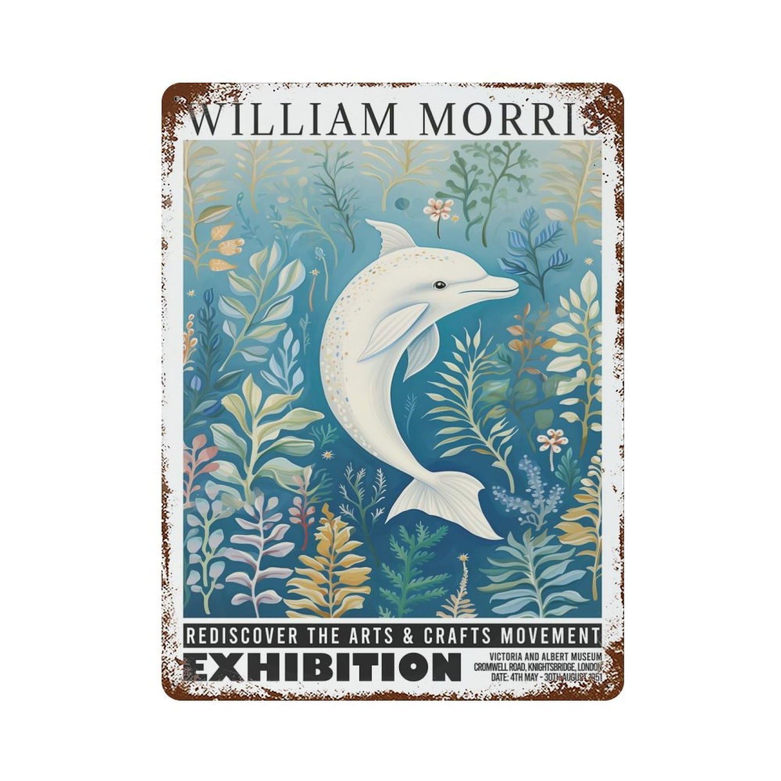 Rust Effect Morris Floral Dolphin Exhibition Aged Metal Wall Plaque 15.7"x11.8", Shabby Chic Decor for Living Room, Hallway And Home Decor