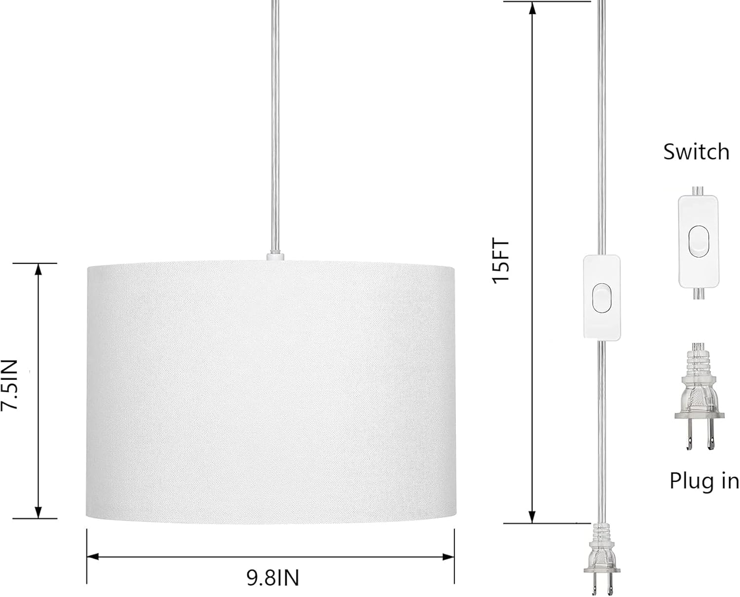 ZSLAIFU 15FT Plug in Pendant Light, Hanging lamp with Switch,White Hanging Lights with Plug in Cord, Pendant Lamp with Remote Control，Pendant Light Fixture for Living Room Bedroom Farmhouse