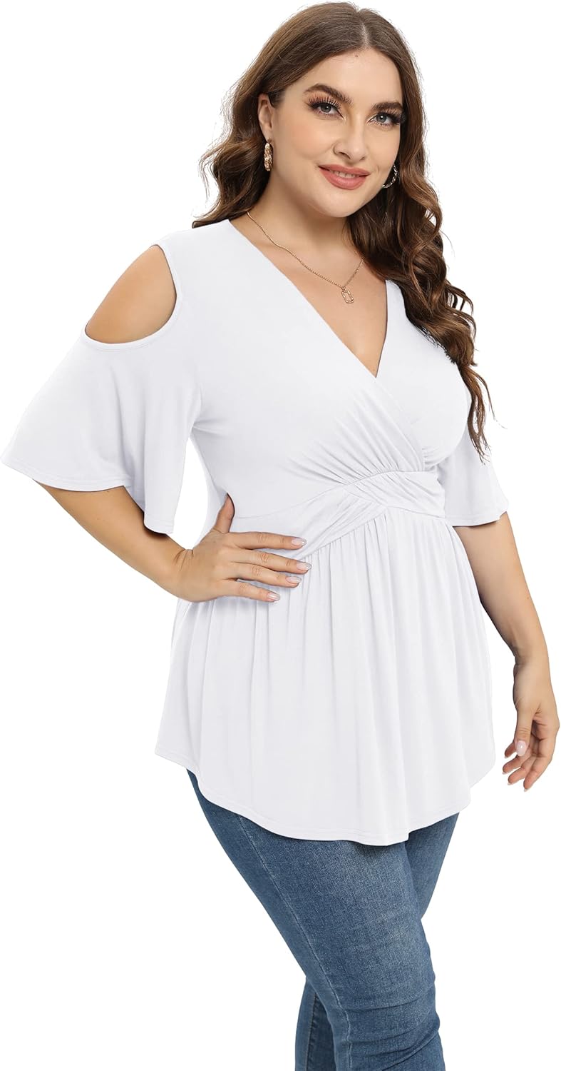 TIANZHU Plus Size Tops for Women Sexy Empire Waist Dressy Short Sleeve Shirts with Cold Shoulder Detail - Image 4