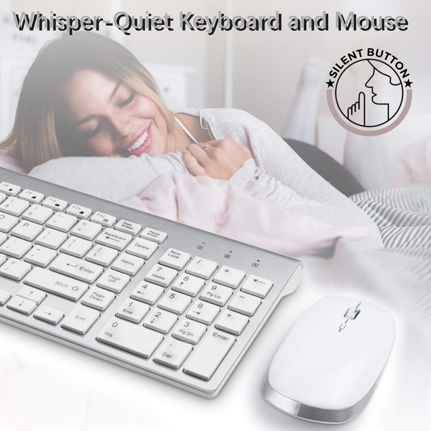 Wireless Keyboard and Mouse Combo, ORIGINTECH Full Size USB Ergonomic Silent Keyboard and Mouse Set for Windows iMac Mac PC Laptop Desktop Computer(Silver and White)