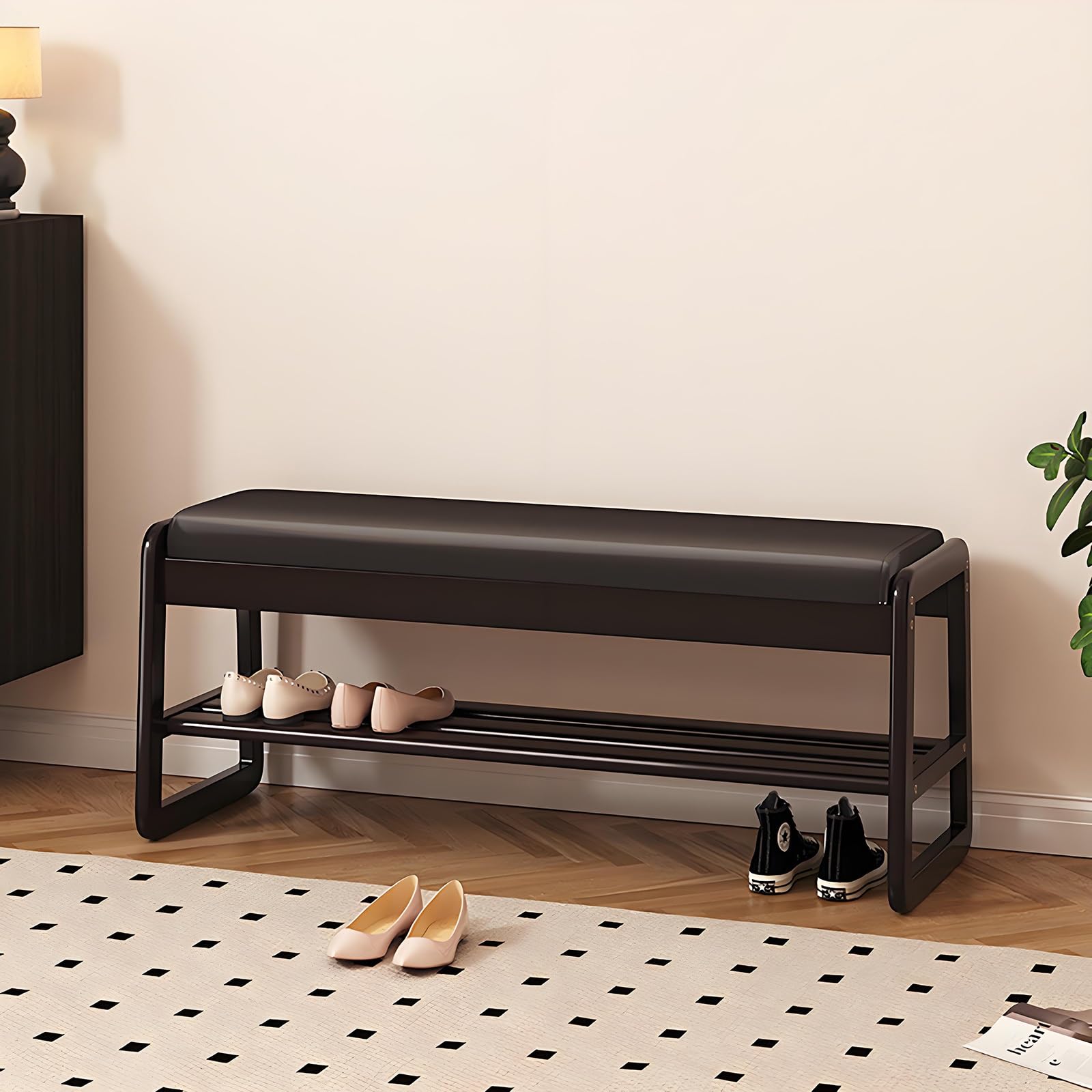 GHFXSCV Wooden Shoe Bench with Upholstered Seat, Entryway Storage Bench, 2-Tier Shoe Rack nizer, Multifunctional Entryway Furniture, Stylish Shoe Storage Solution