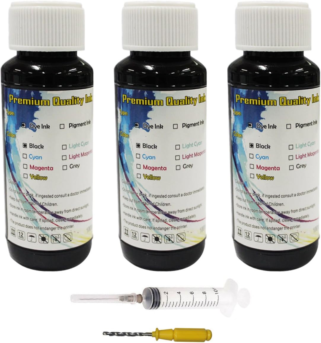 HOTCOLOR 3x100ml Black Refill Ink Kit with Syringes for 962 962XL Black Ink