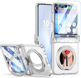 Designed for Samsung Galaxy Z Flip 8 Case Kickstand with Makeup Mirror | Hinge Protection & Screen Protector[ Compatible with MagSafe],Slim Protective Phone Case Cover for Z Flip 8 Clear