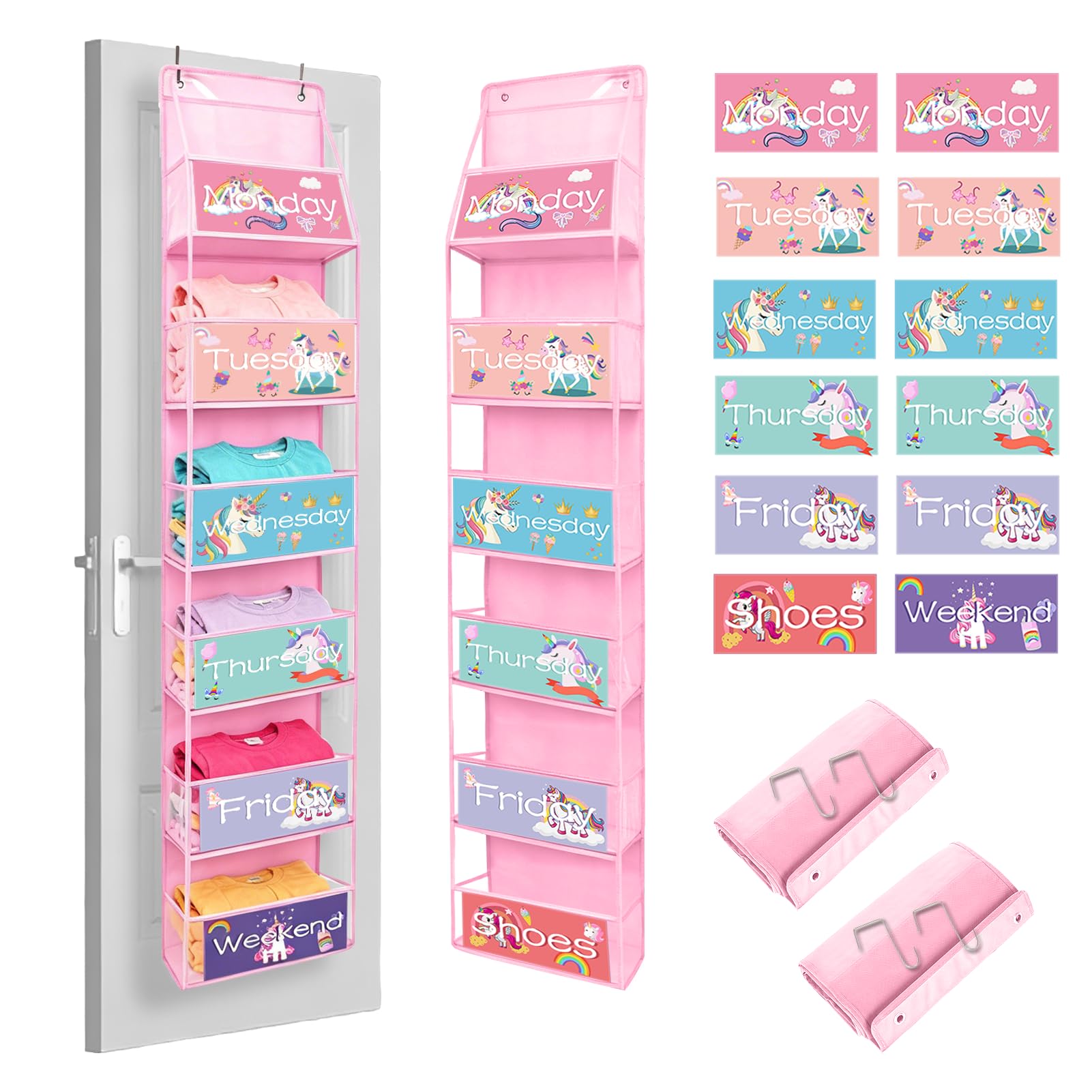 Lot de 2 organiseurs de vêtements hebdomadaires à 6 étagères, organiseur de placard à suspendre pour enfants avec 2 ensembles d'autocollants pour jour de la semaine, 15 x 30 x 134,6 cm (rose)