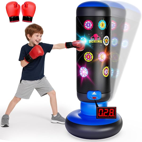 Saco de boxeo HopeRock para niños, set de boxeo con puntuación, luz, música, 4 modos de juego, saco inflable con guantes, regalo para niños de 4-8-12 años Certificado Global Recycled Standard