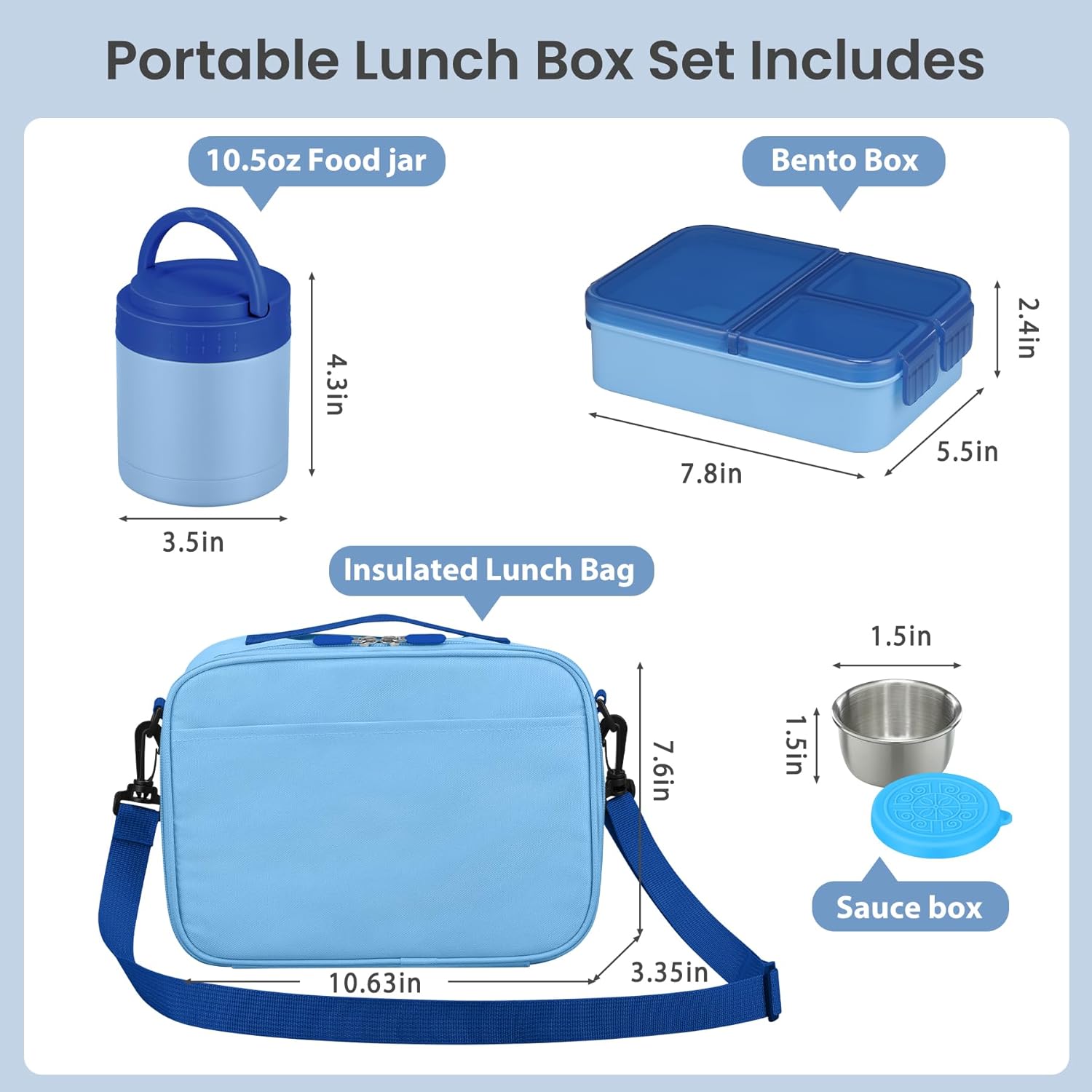 HWONMTE Bento Lunch Snack Boxes Set for Kids Reusable Food Containers with Insulated Lunch Bag, Sauce Box,Removable Dividers for Toddler Girls Boys Teens to School,Travel