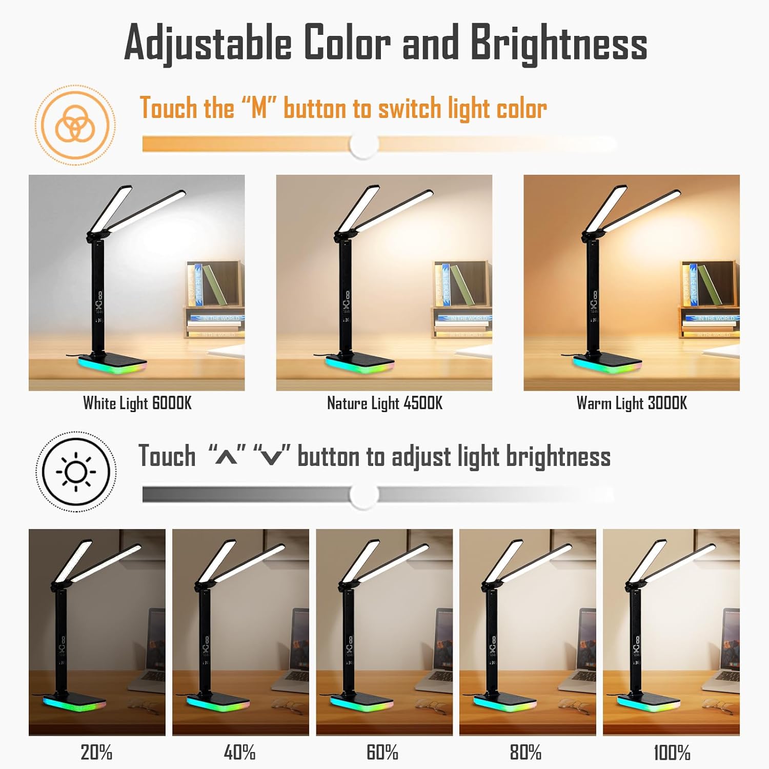 LED Desk Lamp with Wireless and Wired Charging, Foldable Table Light, 5 Brightness and 3 Lighting Modes, Time and Temperature Display, RGB Night Light, USB Powered (Double Head Black)