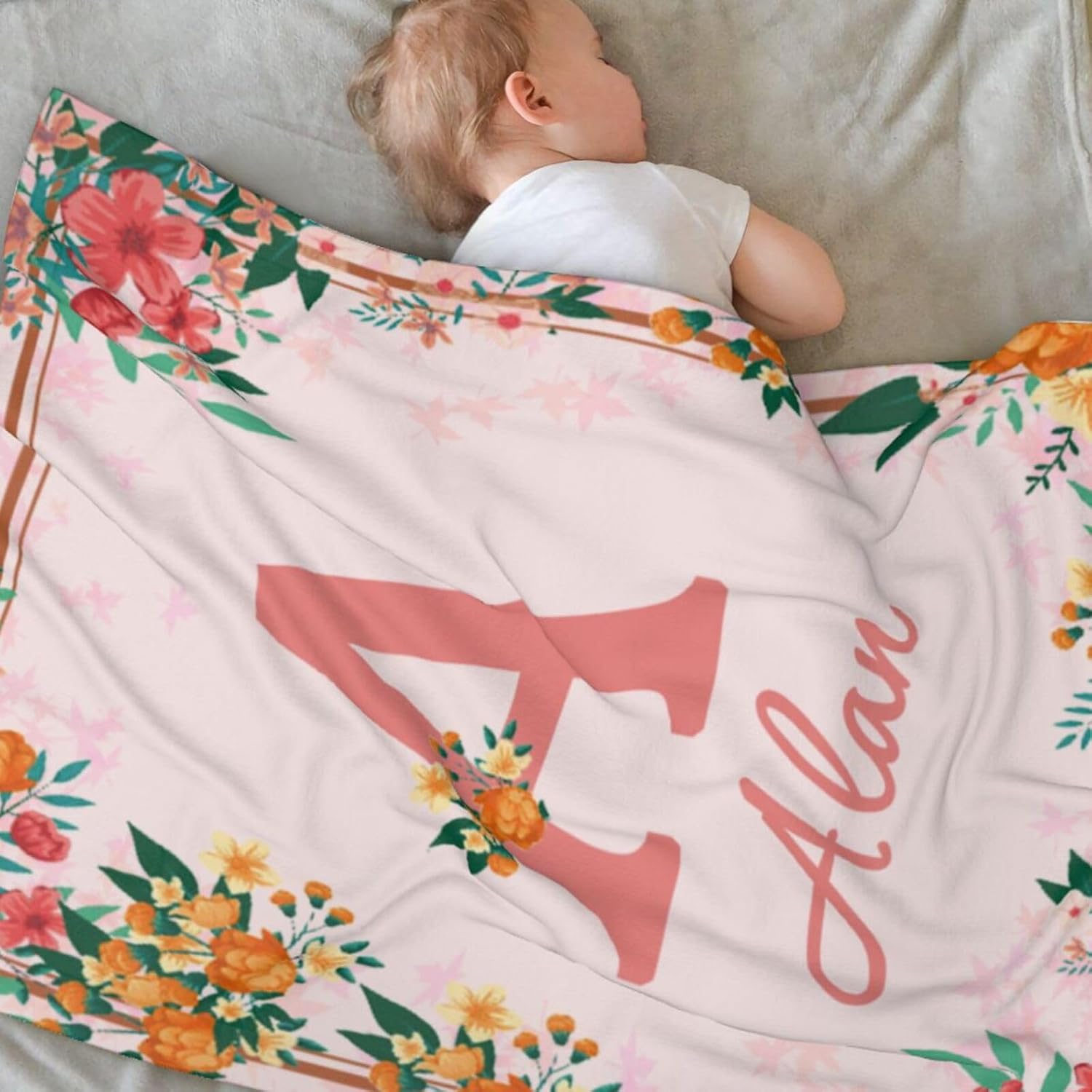 Personalized Baby Name Blankets Custom Soft Name Blanket with Flowers Pattern, Customized Floral Toddler Receiving Blanket 30x40 in Funny Baby Gifts
