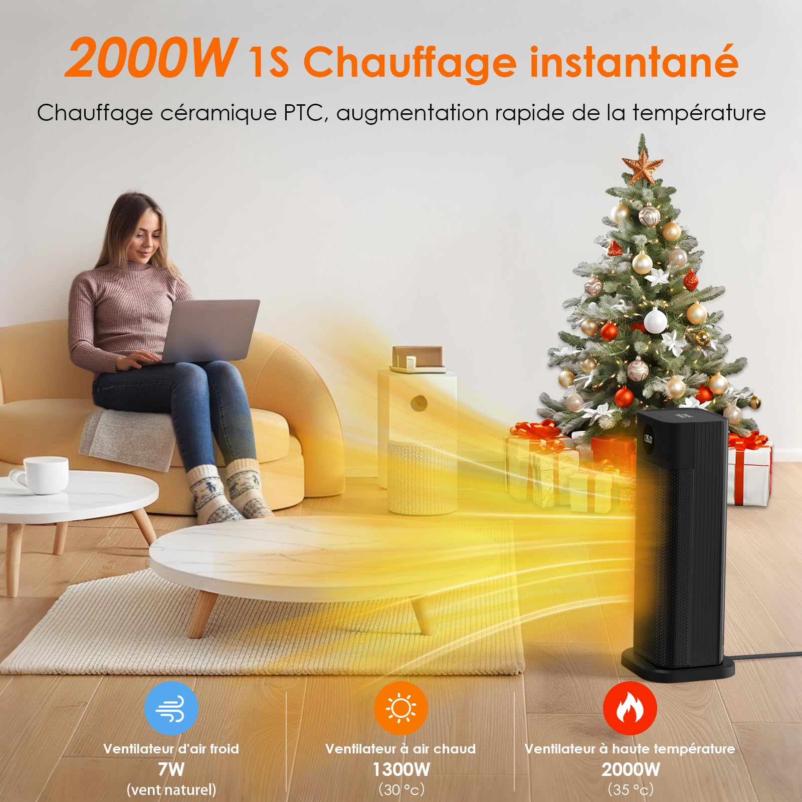Minthouz Chauffage d'appoint, 2000W PTC Radiateur Electrique, Chauffage électrique 3 modes avec thermostat, télécommande, affichage digital LED, oscillation 70°, Chauffage Soufflant pour maison bureau