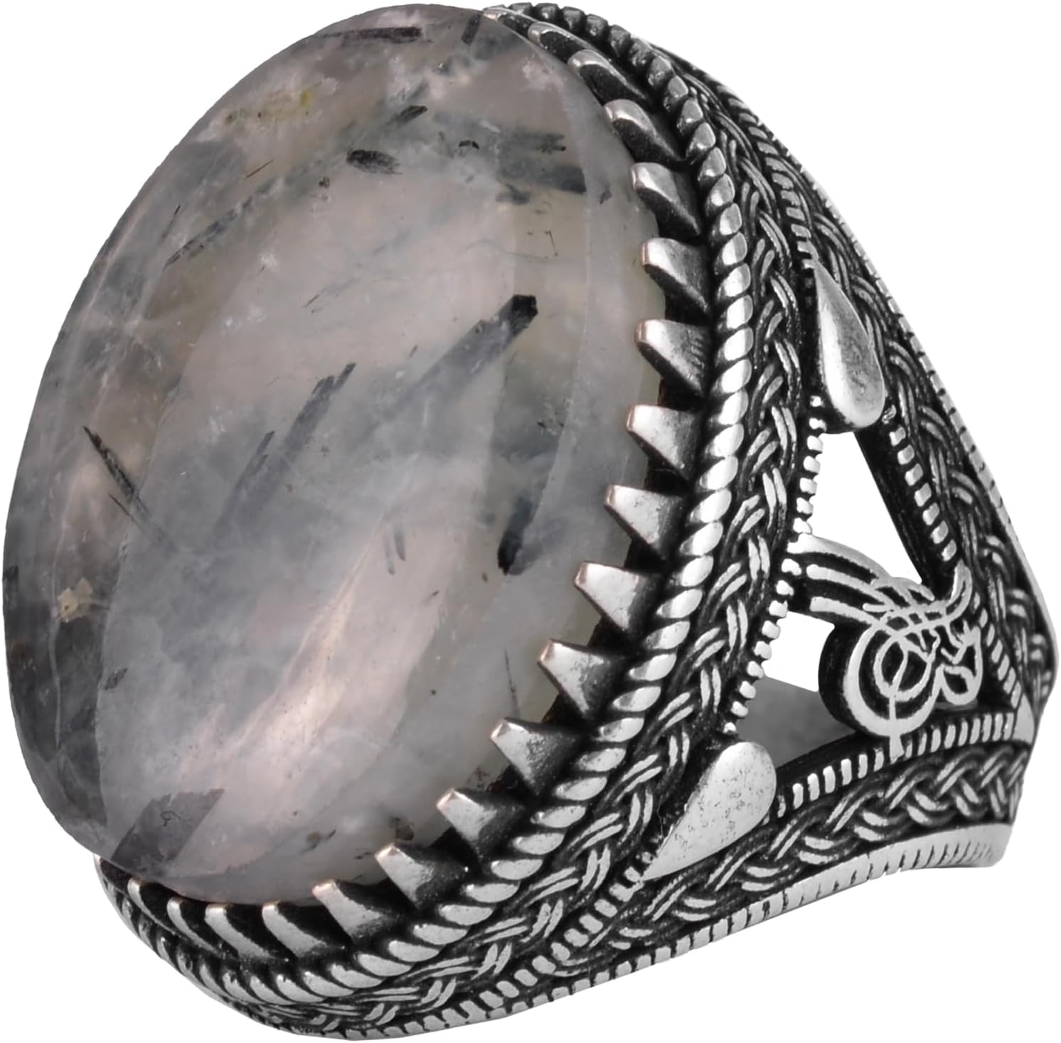 KAMBO Handmade 925 Sterling Silver Men’s Statement Ring with Natural Prehnite Gemstone – Vintage Ottoman Pattern Design, Historical Style Jewelry