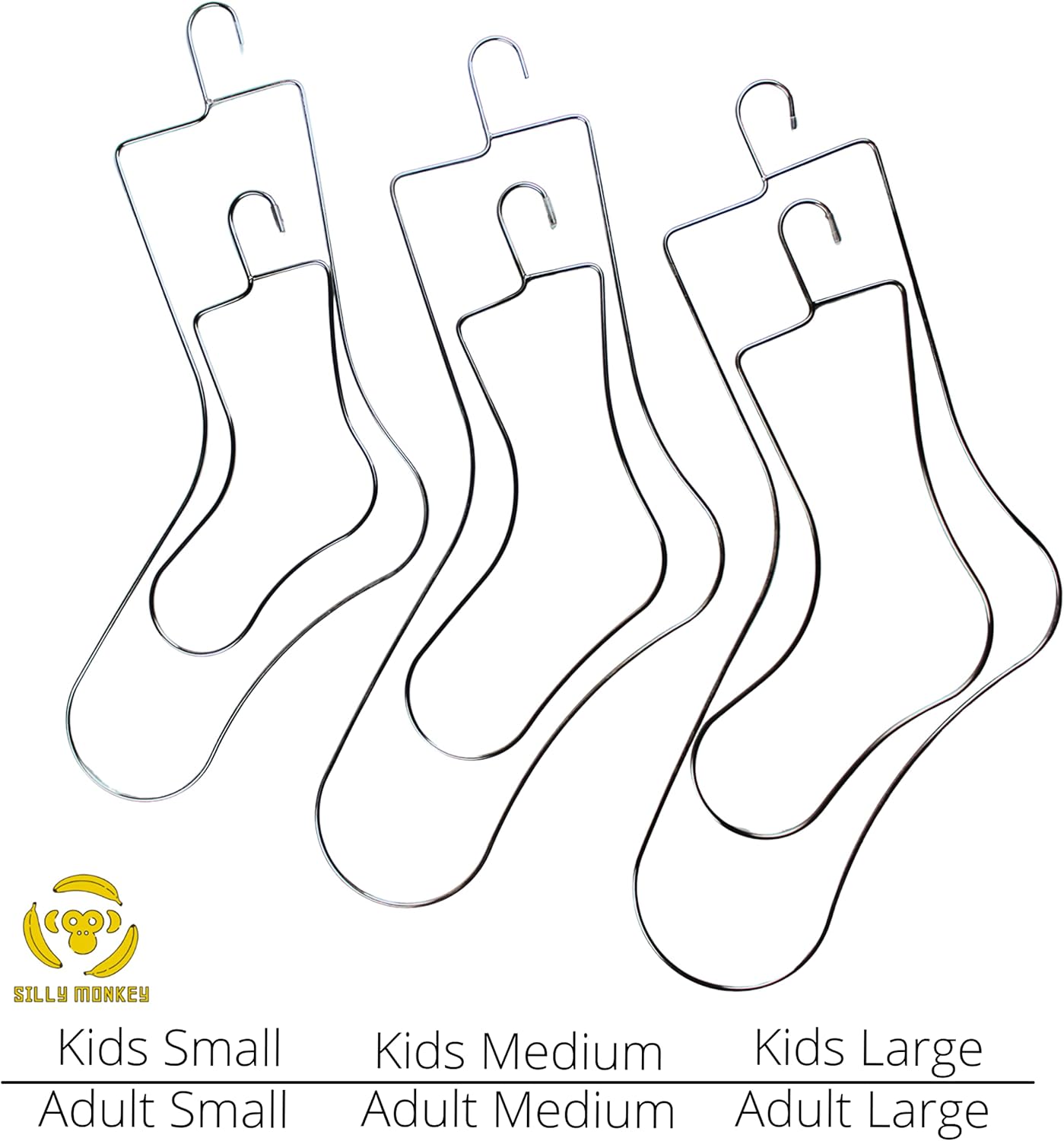 SILLY MONKEY Junior Kids Size Sock Blockers and Laundry Drying Hanger Rack Stainless Steel, Complete with 3 Pairs of Small Medium Large Sock Blockers for Fast Drying and Displaying Hand Knitted Socks