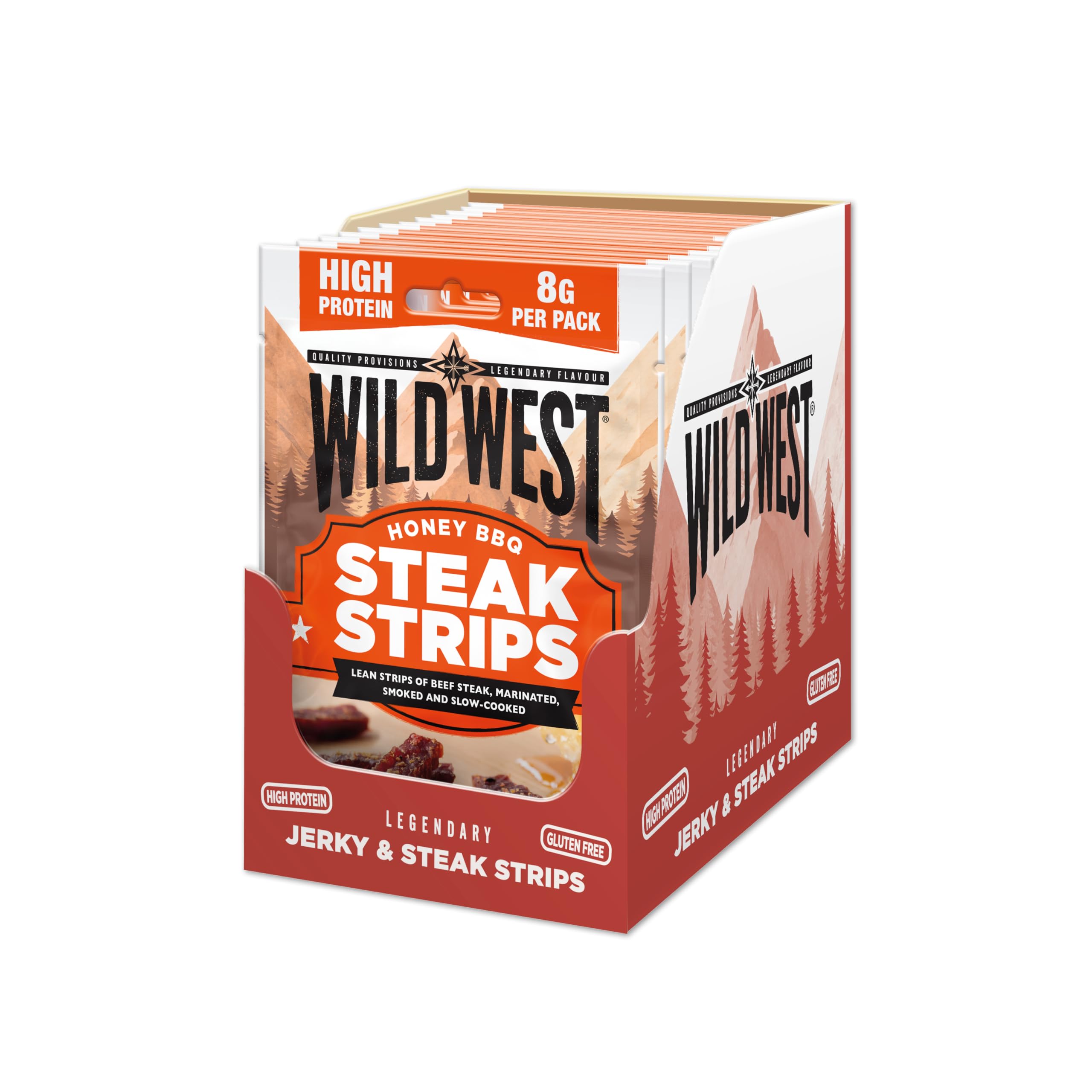Wild West Steak Strips, 16 x 25g Honey BBQ Rindfleisch, Beef Jerky high Protein Trockenfleisch, Protein Snack