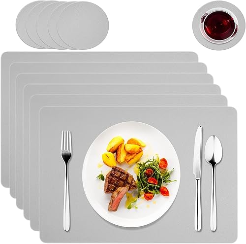 Juego de 6 manteles individuales con posavasos, resistentes al calor, a las manchas y a los arañazos, impermeables, para mesa de comedor, color gris