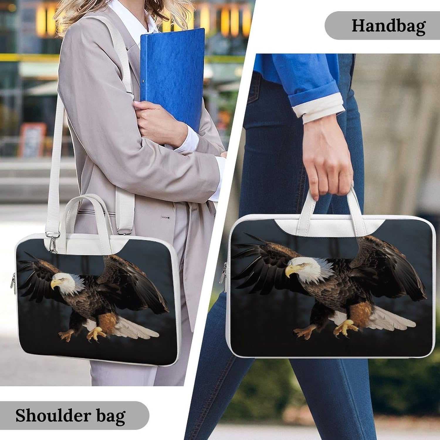 3D Bald Eagle 42x30.5cm White-style Laptop Bag Leather Tablet Computer Briefcase Large Capacity Work Business Tote Bags for Office