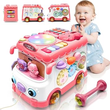 Baby Bus Toy for 1 Year Old Girl Gifts, Montessori Musical Bus Toy for Baby 12-18 Months, Baby Piano Drums for Toddlers 1-3, Shape Sort Toys 1st Birthday Gifts for Girls