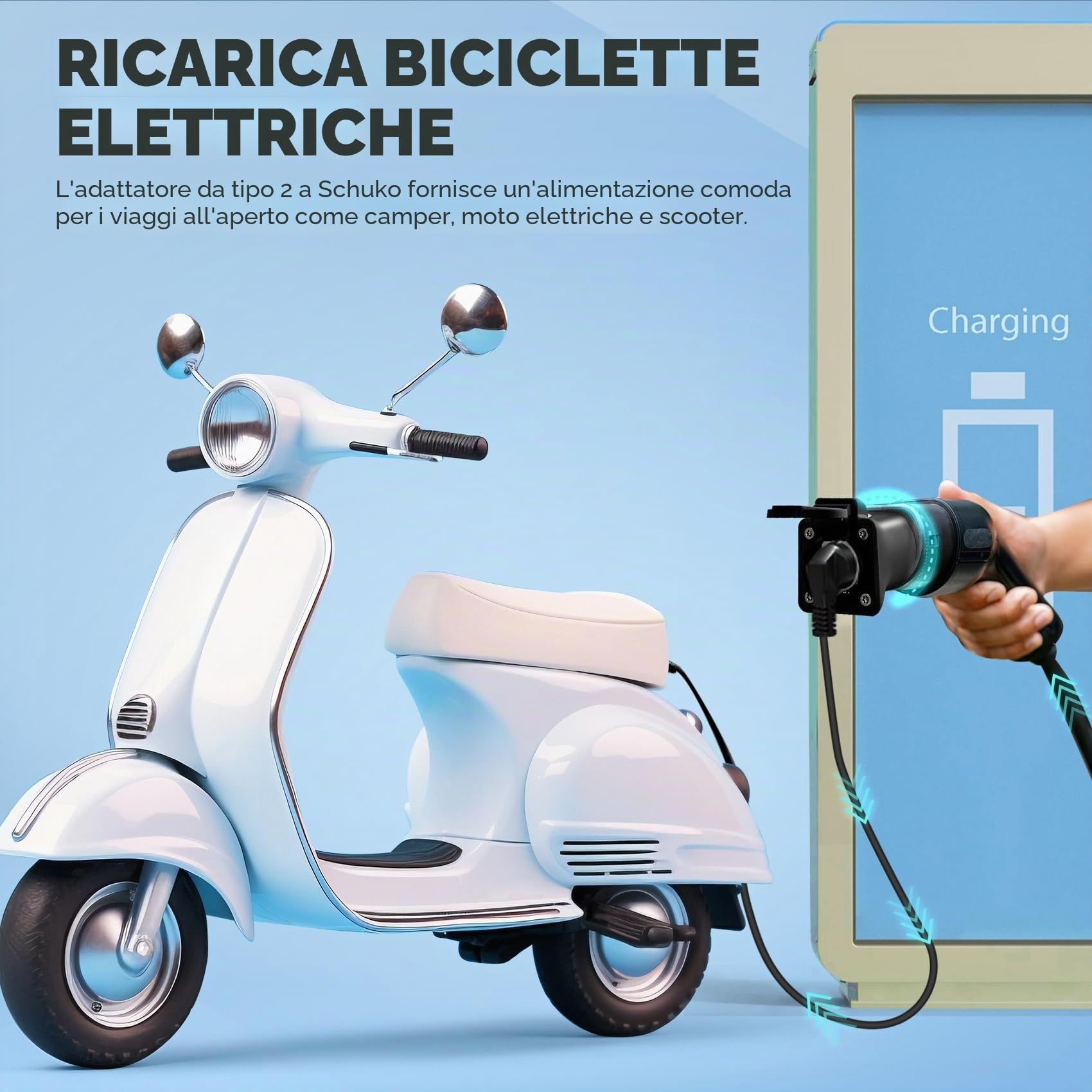 JULIK Adattatore da Tipo 2 a Schuko 16A 220V 3.5KW - Converti Colonnine di Ricarica EV e Caricabatterie in Presa Domestica per Auto Elettriche, E-Bike, E-Scooter (IP44 Impermeabile, Garage/Campeggio)