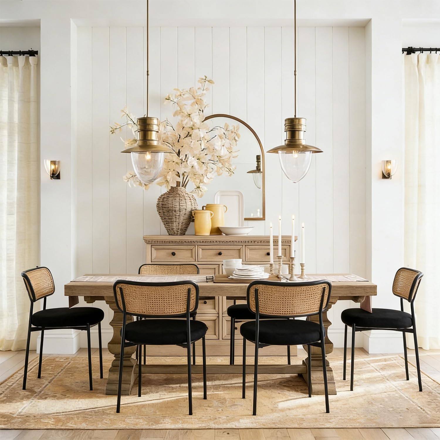 Rattan Dining Chairs Set of 6, Mid Century Modern Dining Chairs with Cane Back and Boucle Upholstered Seat, Farmhouse Kitchen Chairs for Dining Room and Living Room, Black