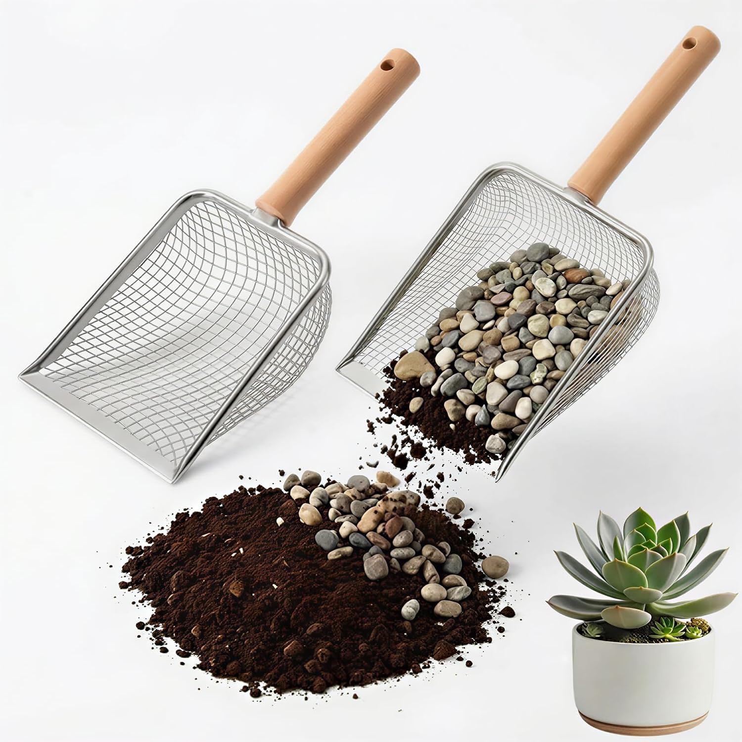 2 Pack Gardening Soil Sifter, Compost Dirt Rock Sifter, One-Hand Operation with Ergonomic Wood Handle, 0.15/0.2 Inch Stainless Steel Dual Mesh Sieve for Planting, Sand, Cat Litter (5.5in / 14cm)