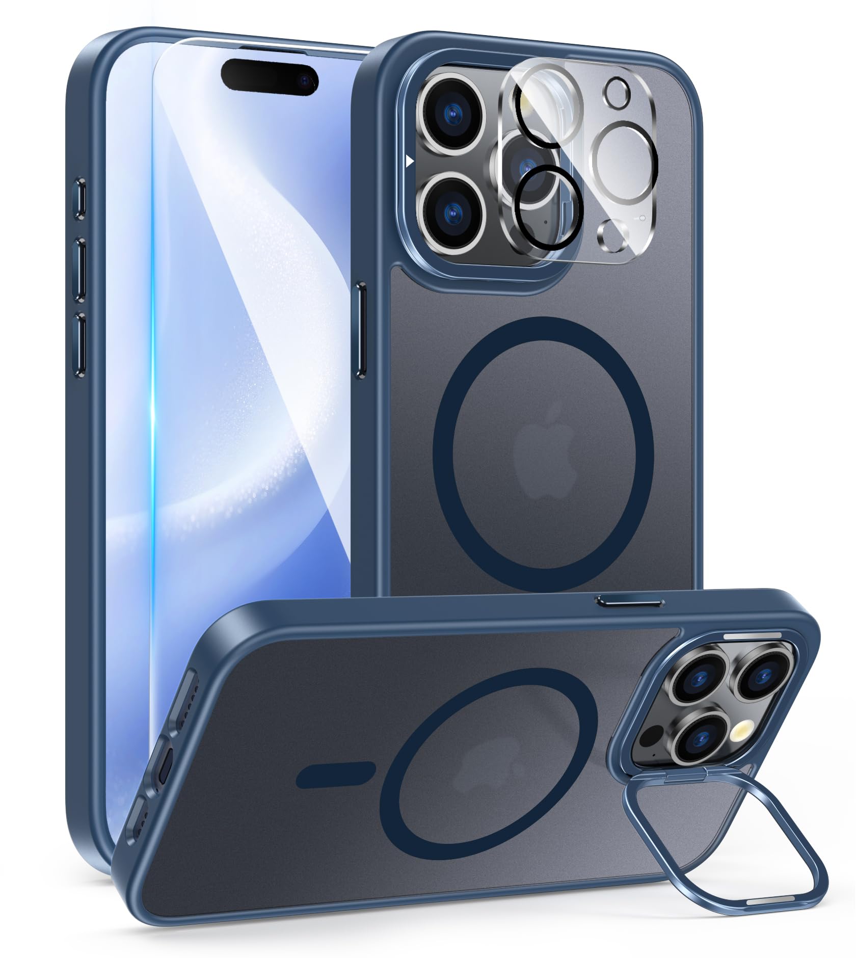 FNTCASE for iPhone 15 Pro Magnetic Kickstand Case, Translucent Matte Blue