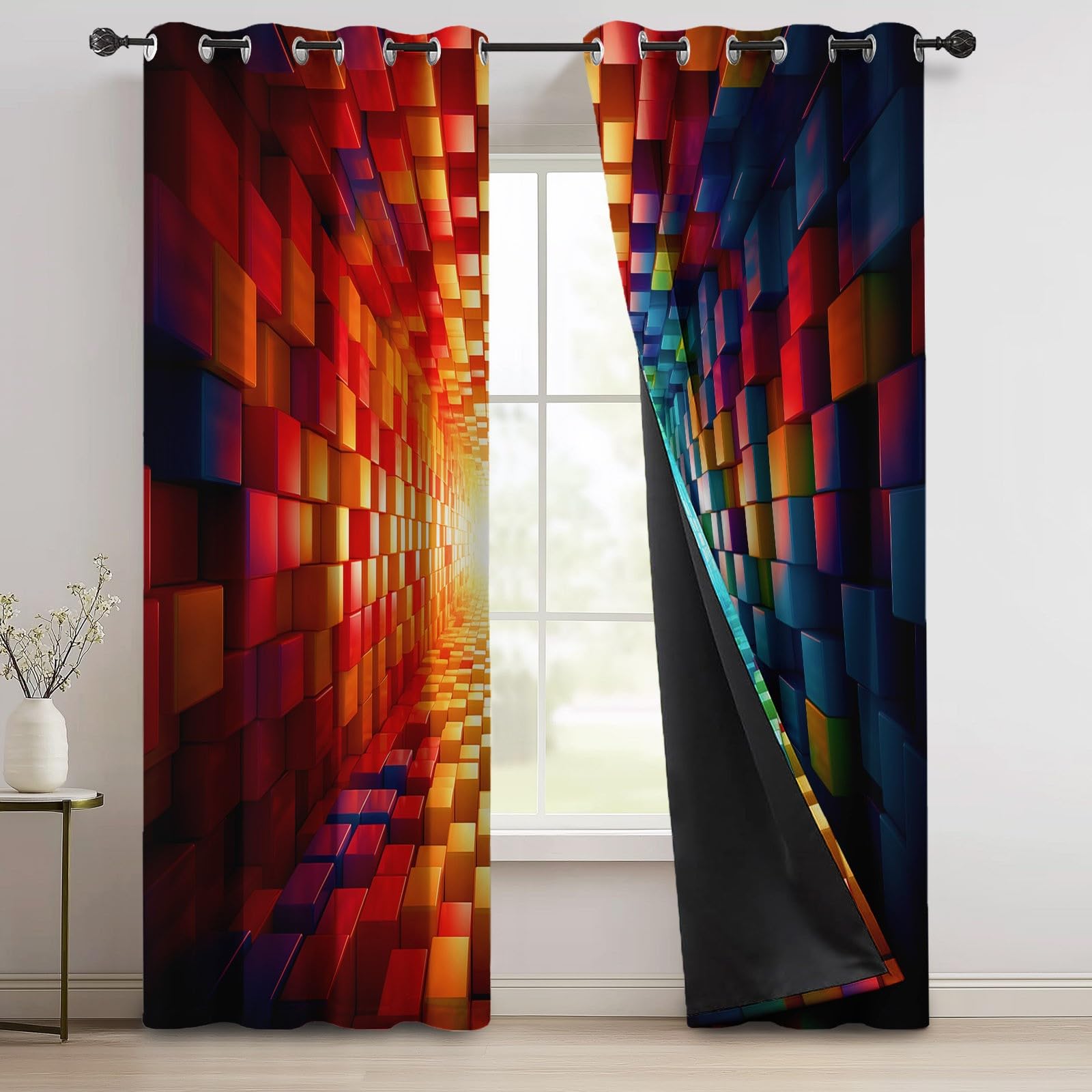 100% Rideau Occultant Thermique Isolant Anti Froid et Chaleur 140L X 245H cm (2 Panneaux), 3D Tunnel Géométrie Cube Rideaux Opaques Oeillets Anti UV Anti Bruit pour Chambre Salon, Coloré