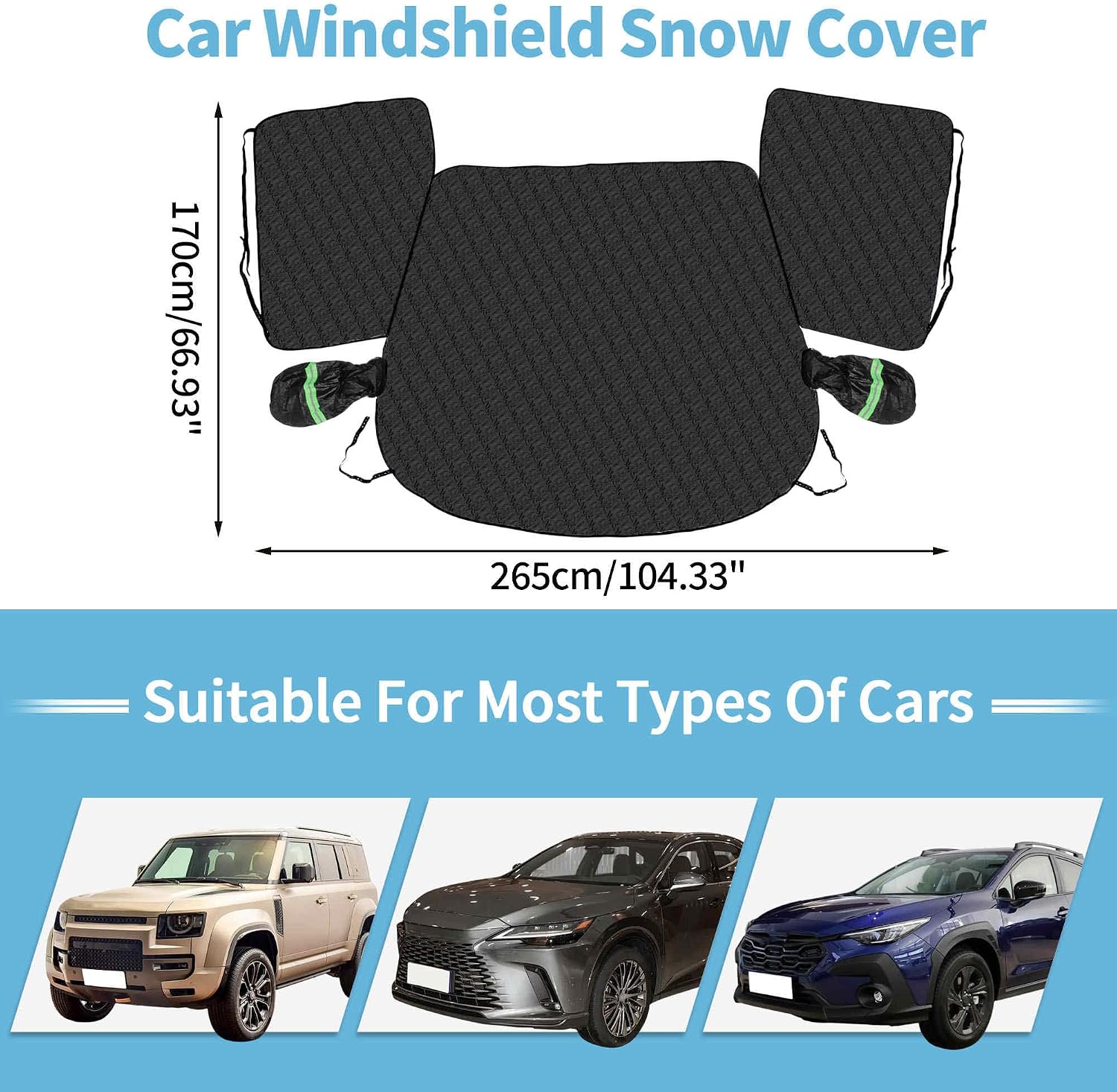 4-Layer Windshield Snow Cover for Ice UV Frost - Wiper & Mirror Protector Windproof Sunshade for Cars Compact SUV Black (104" x 67")