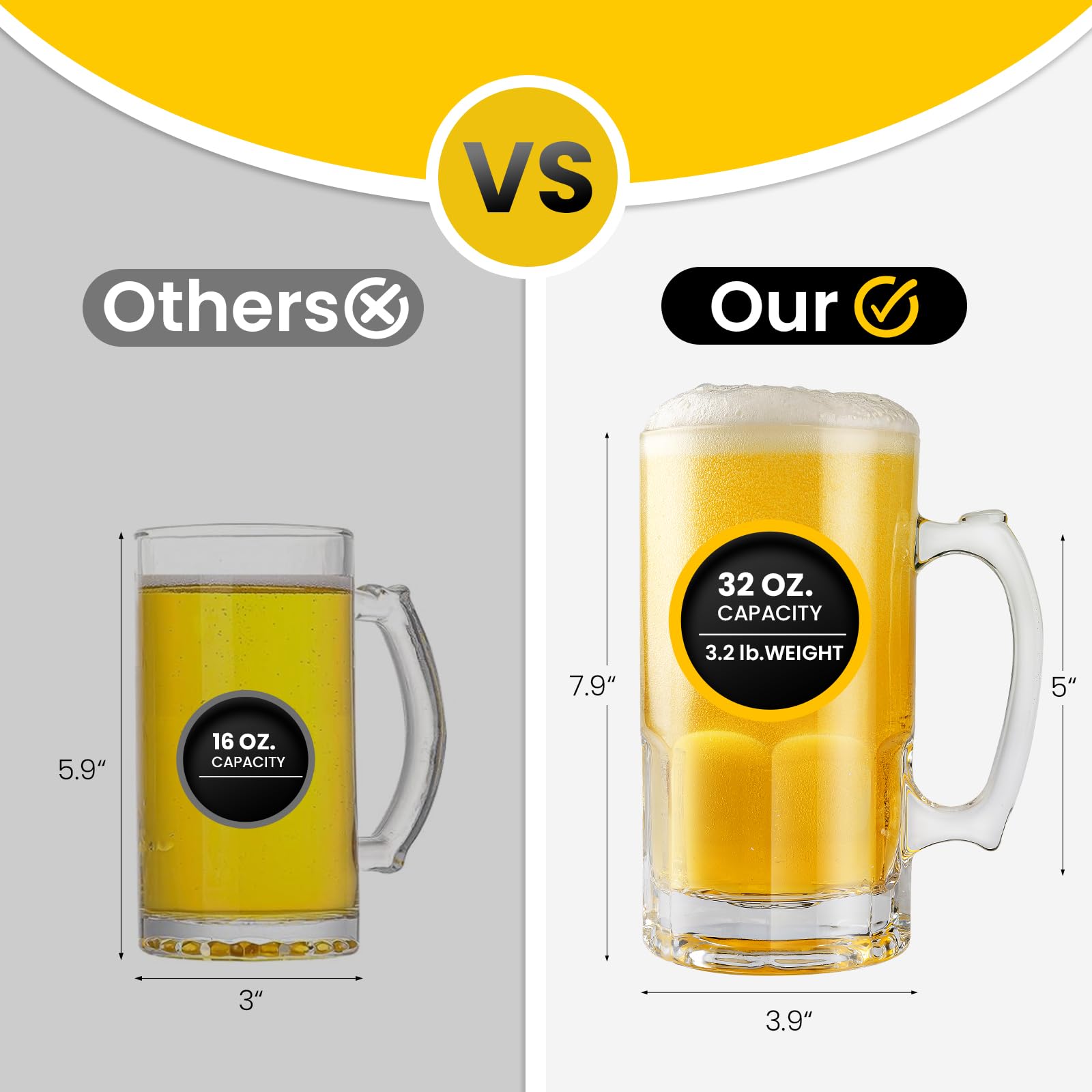 Großer Bierkrug aus Glas, mit Henkel, 2 Stück