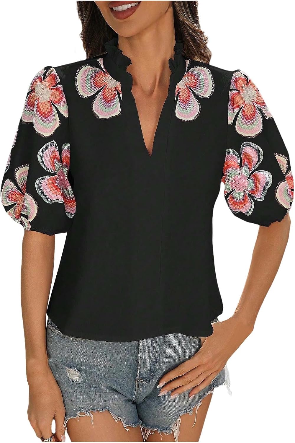 Womens Floral Embroidered Boho Tops V Neck Puff Short Sleeve Shirts Loose Tunic Summer Blouse 2025 Fashion Clothes