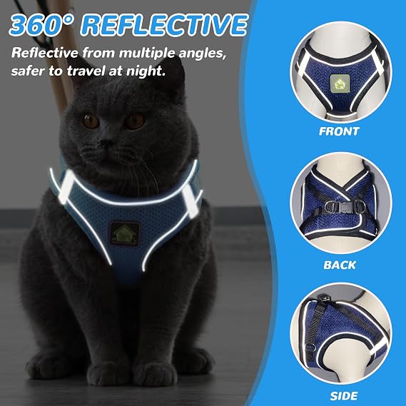 Cat Harness and Lead Set,Adjustable Reflective Stripe Cat Kitten Walking Vest with Leash Cats Collar,Escape Proof Soft Mesh Vest Harness and Lead for Small Medium Cats Pets Walking