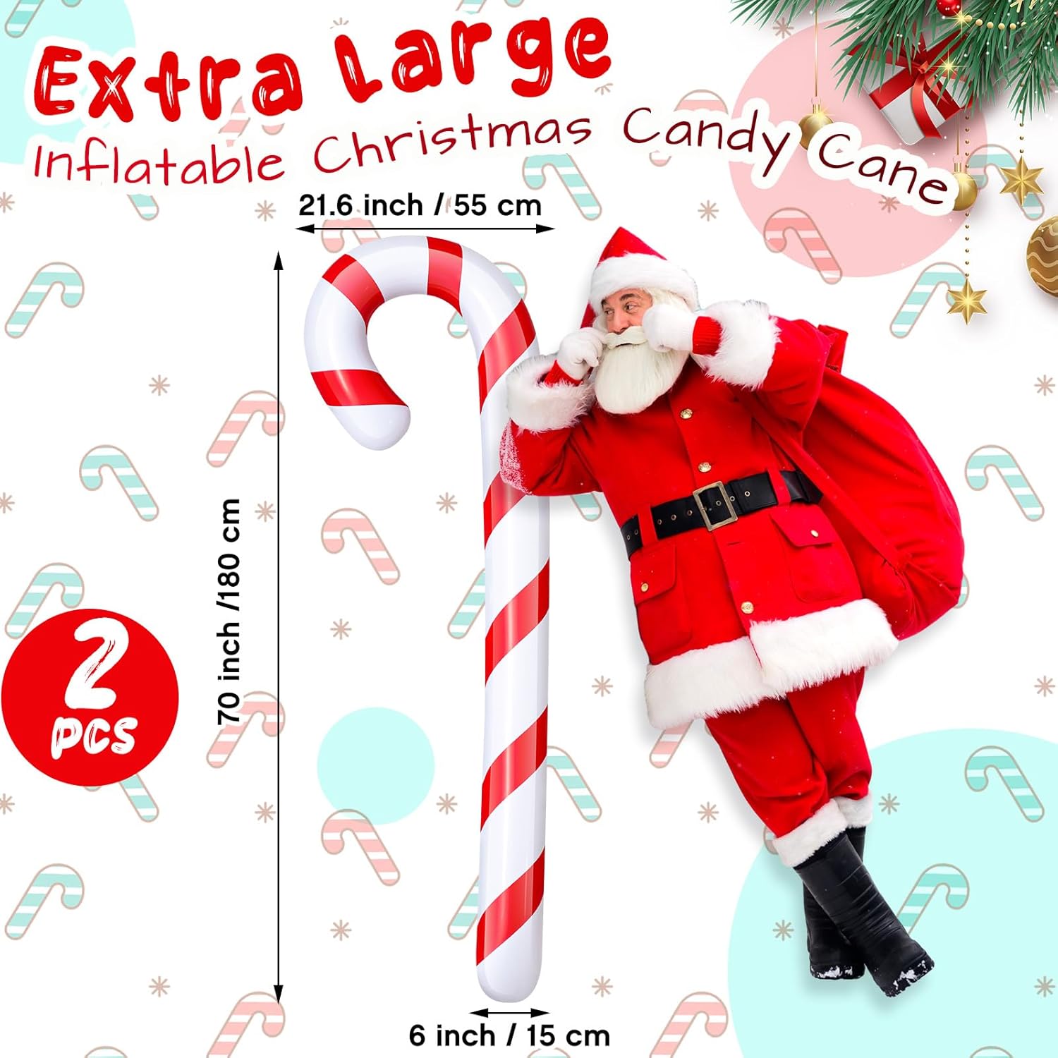 Leyndo 2 Pcs 5.5 ft Inflatable Christmas Candy Cane for Christmas Decorations Jumbo Candy Cane Balloons for Xmas Indoor Outdoor Pool Yard Party Favors (Red and White)