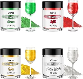 Wwtop Essbarer Glitzer für Getränke, 4 Farben Glitzerpulver Set, Gold Weiß Rot Grün Lebensmittel Glitzer für Getränke, Geschmacklos Essbarer Goldpulver für Cocktails, Likör, Kuchen, Fondant(3g)