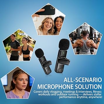Wireless Lavalier Microphone for iPhone iPad Android, 2 Pack Mini Clip On Microphones with Noise Reduction, Plug and Play Bluetooth Microphone Wireless USB C Lavalier Mic for Video Recording Vlogging