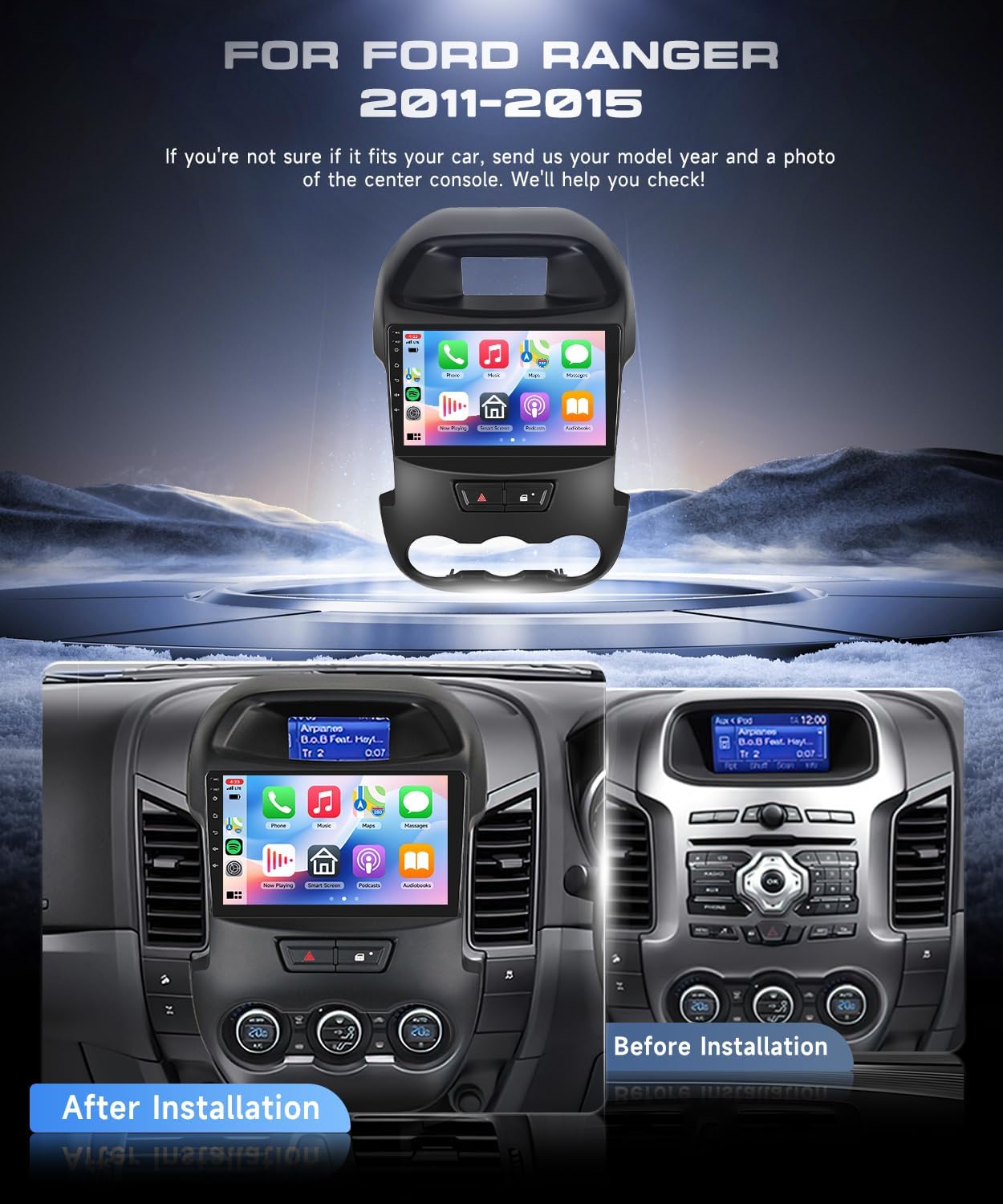 4G+64G Android 15 Car Stereo for for Ford Ranger F250 2012-2015 with Wireless Carplay Android Auto, 9 Inch 1280 * 720 Touch Screen GPS/WiFi/Bluetooth 5.0/ FM/32EQ/ SWC/Backup Camera