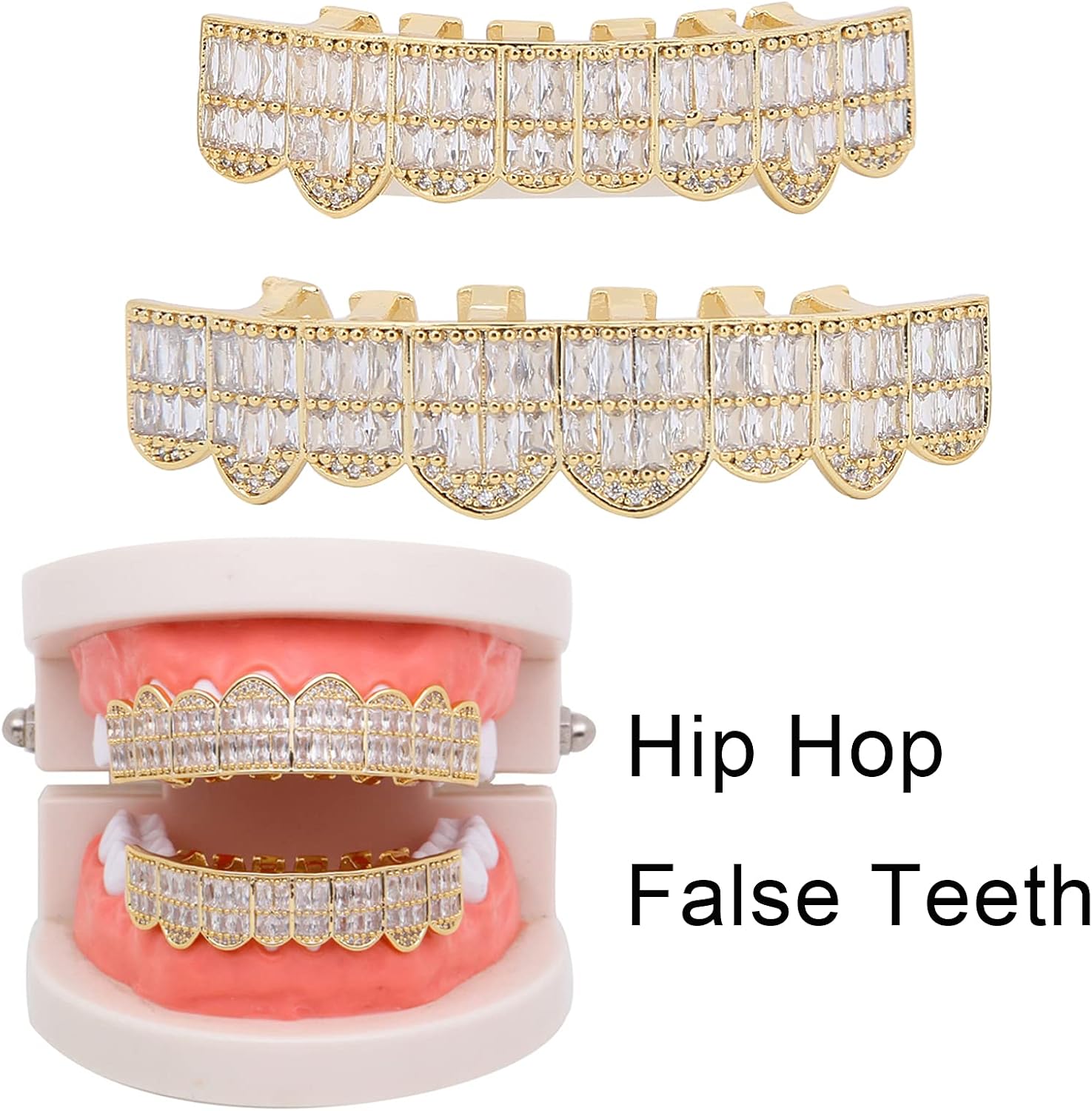 Braces, Hip Hop Teeth Grill Set Braces, Cold Coated Copper Teeth Set Bling Teeth Decoration for Party Halloween Festival(golden)