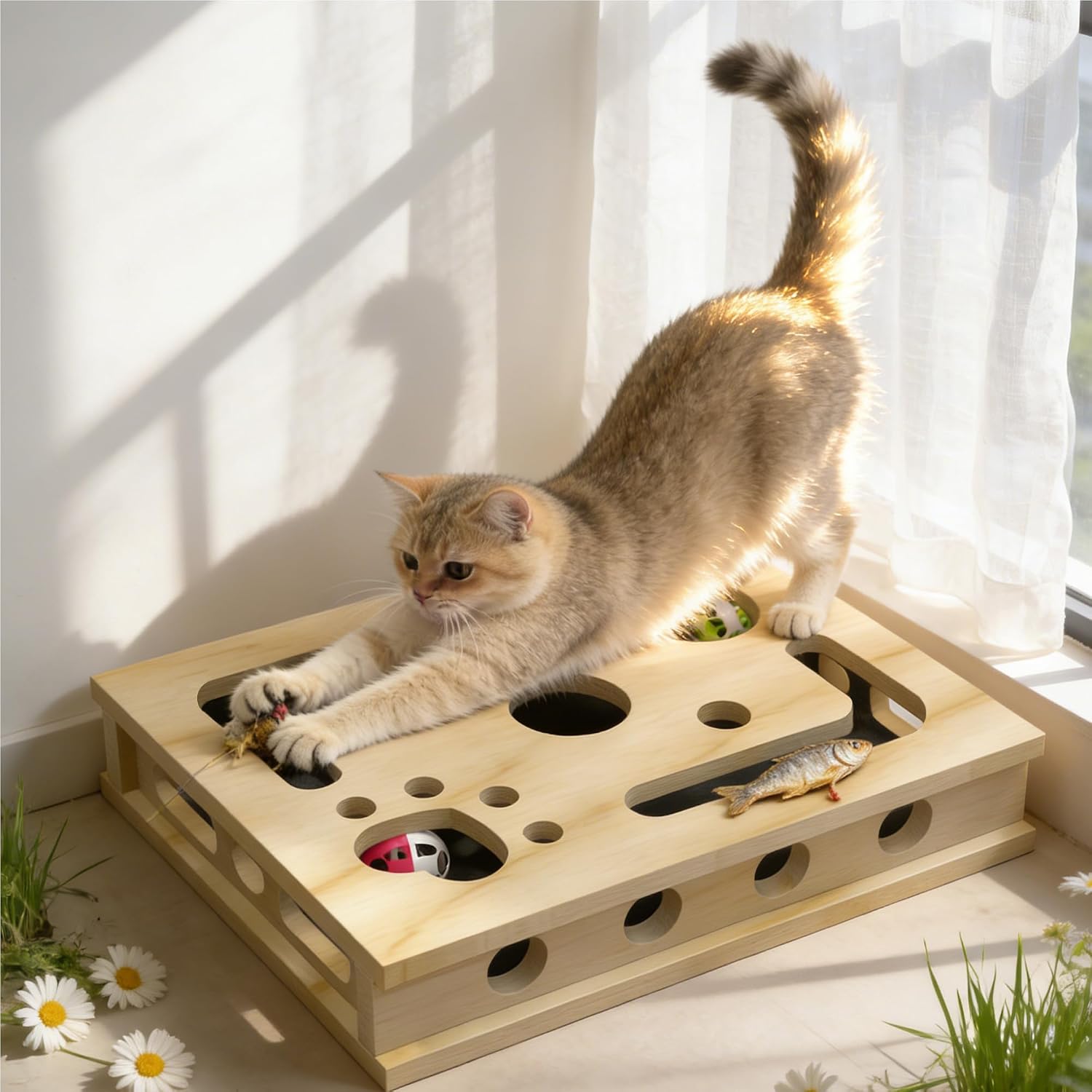 XL Cat Nail File Enrichment Box, Wood Cat Scratch Puzzle Toy