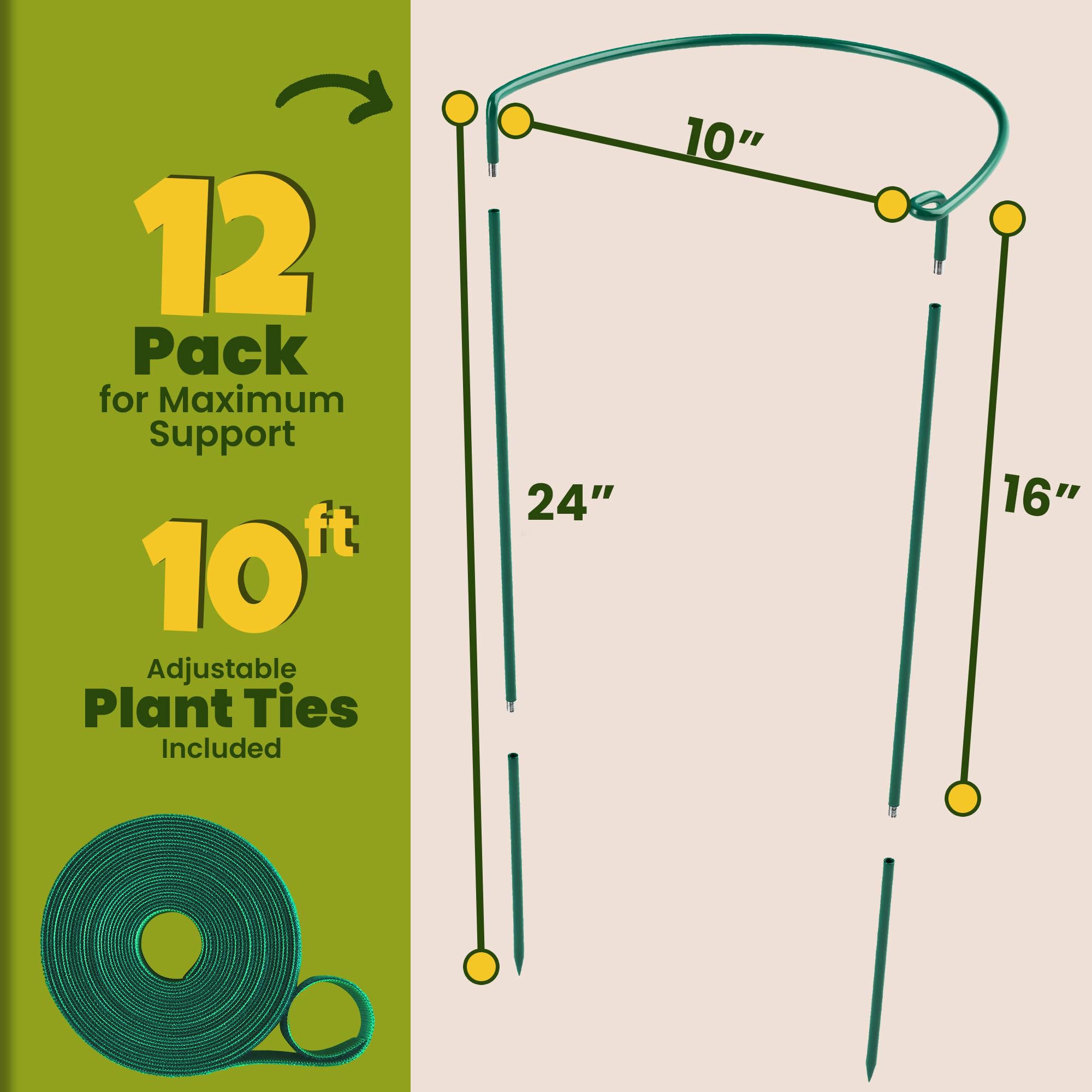 Lot de 12 piquets de support pour plantes – Grands piquets pour plantes d'intérieur et d'extérieur – Cages et supports de pivoine – Anneaux de cage pour fleurs en pot, pivoine, hortensia et rosier