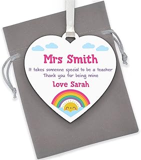 Special Teacher Thank You Gifts - PERSONALISED Teacher Appreciation Gifts - End of School Term Gifts for Teaching Assistant, Key Worker - Rainbow Teacher Wooden Heart Plaque Gifts - With Grey Bag