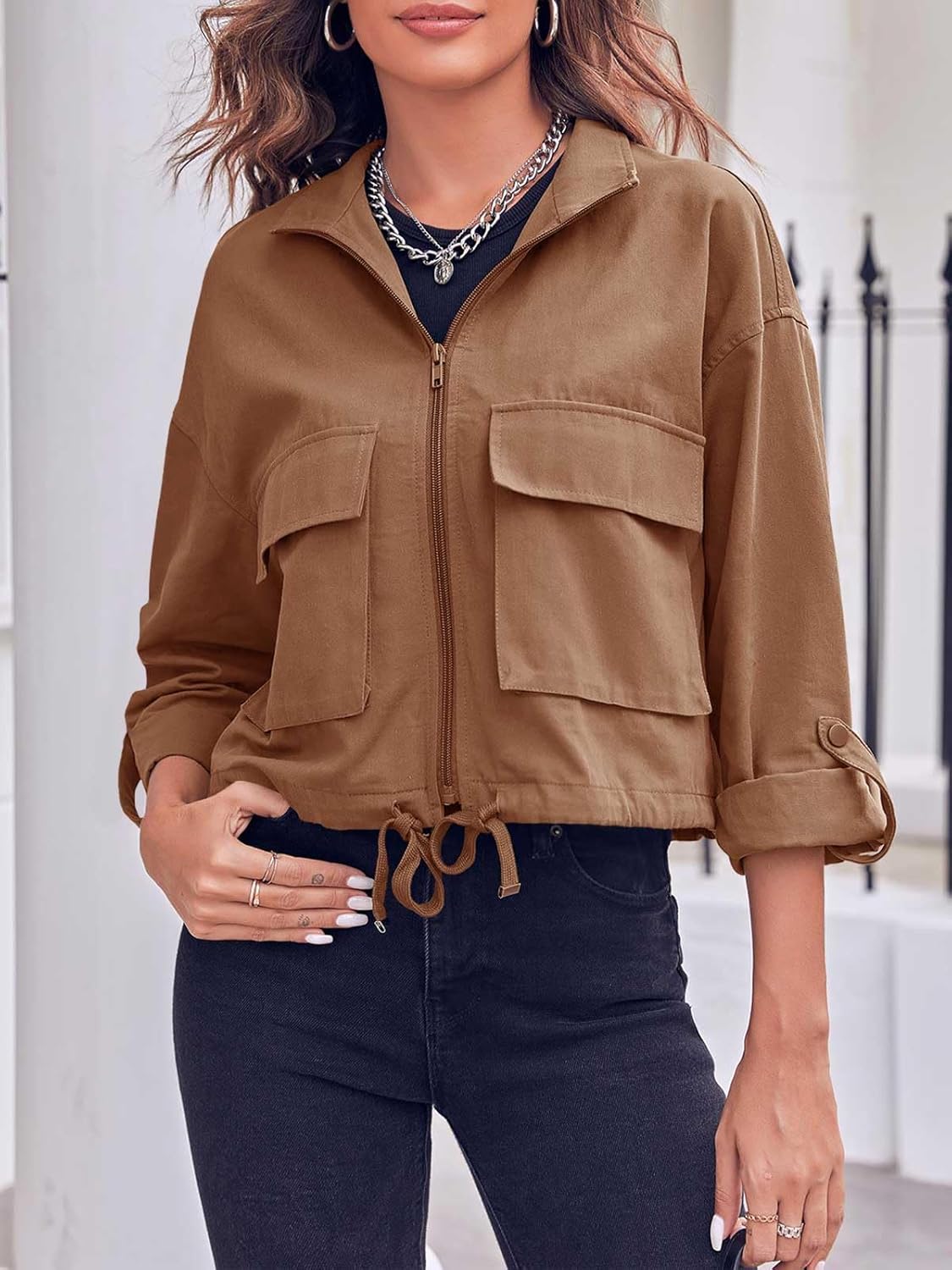 Tankaneo Women Casual Cropped Jackets Zip Up Lightweight Military Safari Short Utility Coat with Pockets - Image 4