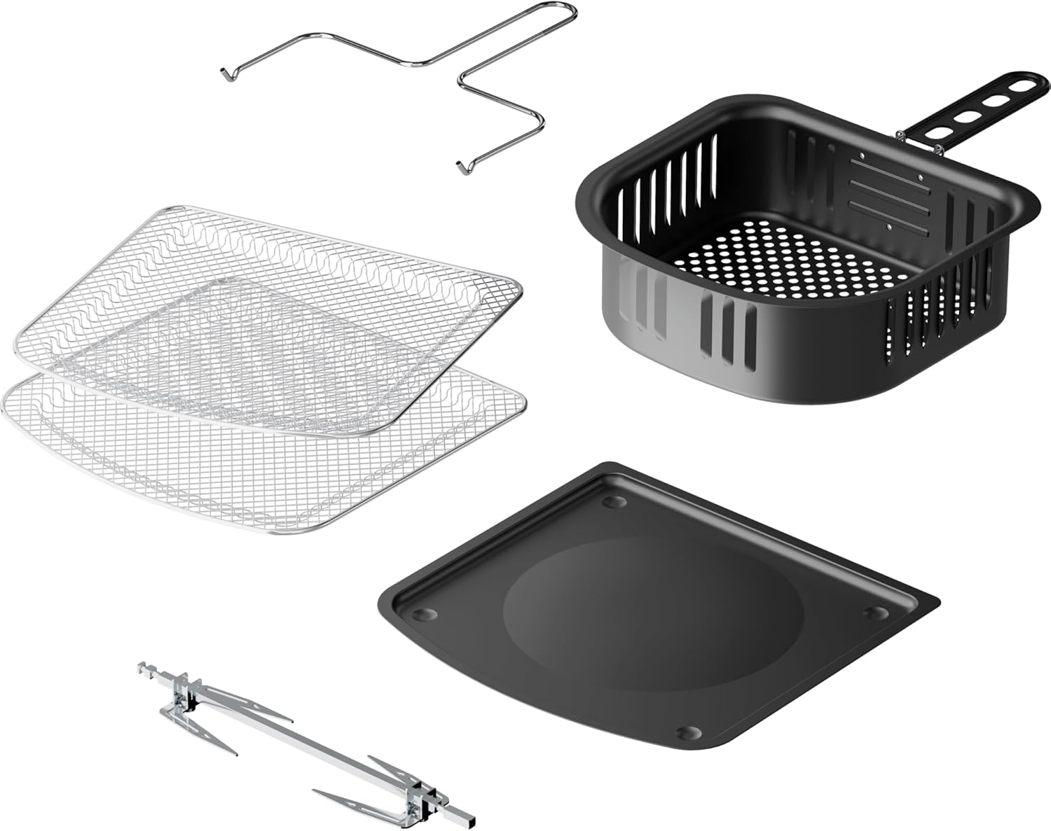 Various accessories for the AEG Hot Air Fryer including a frying basket, racks, and rotisserie skewer