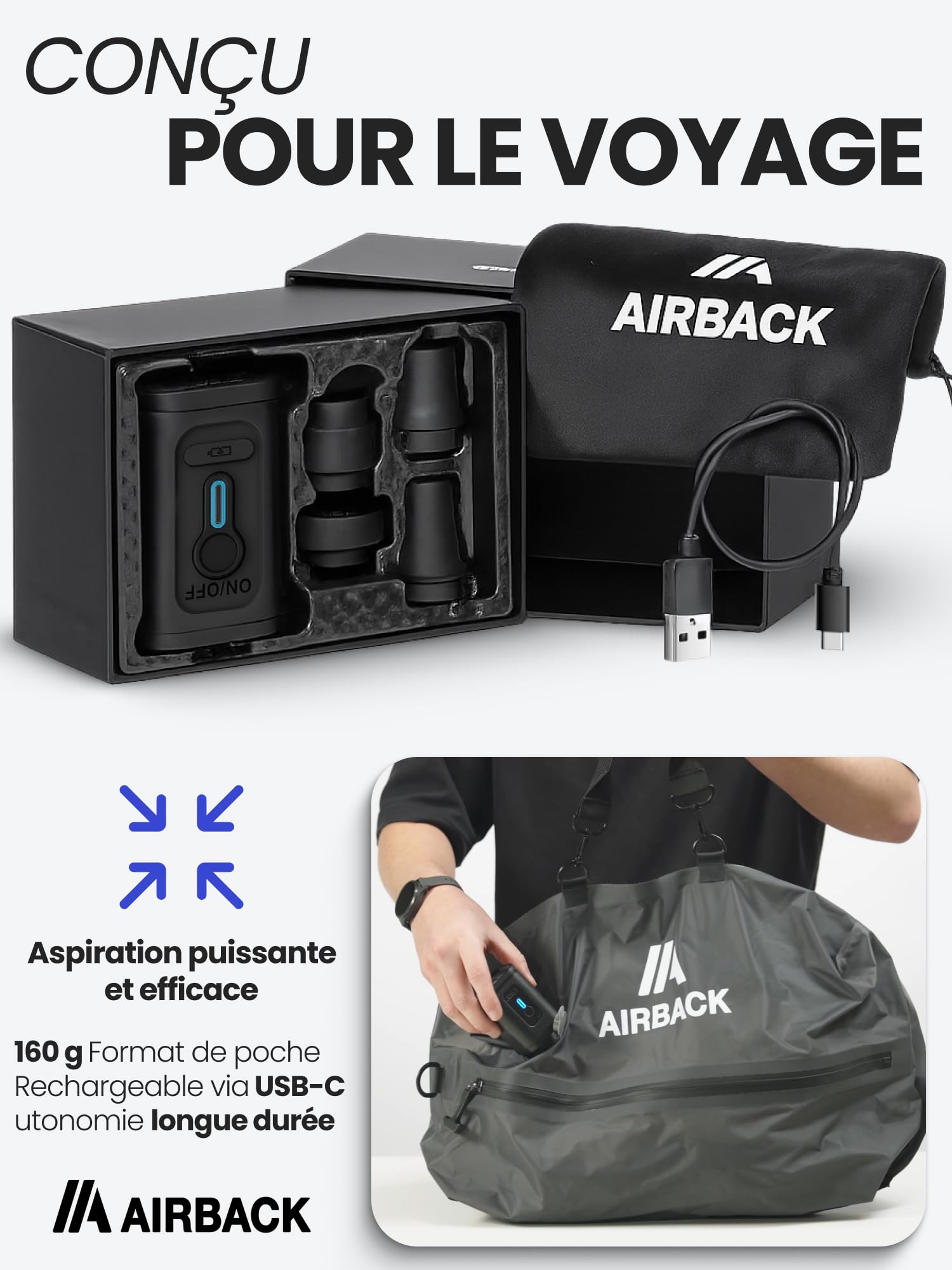 Airback Petite pompe à air, pompe électrique portable avec indicateur LED, noir