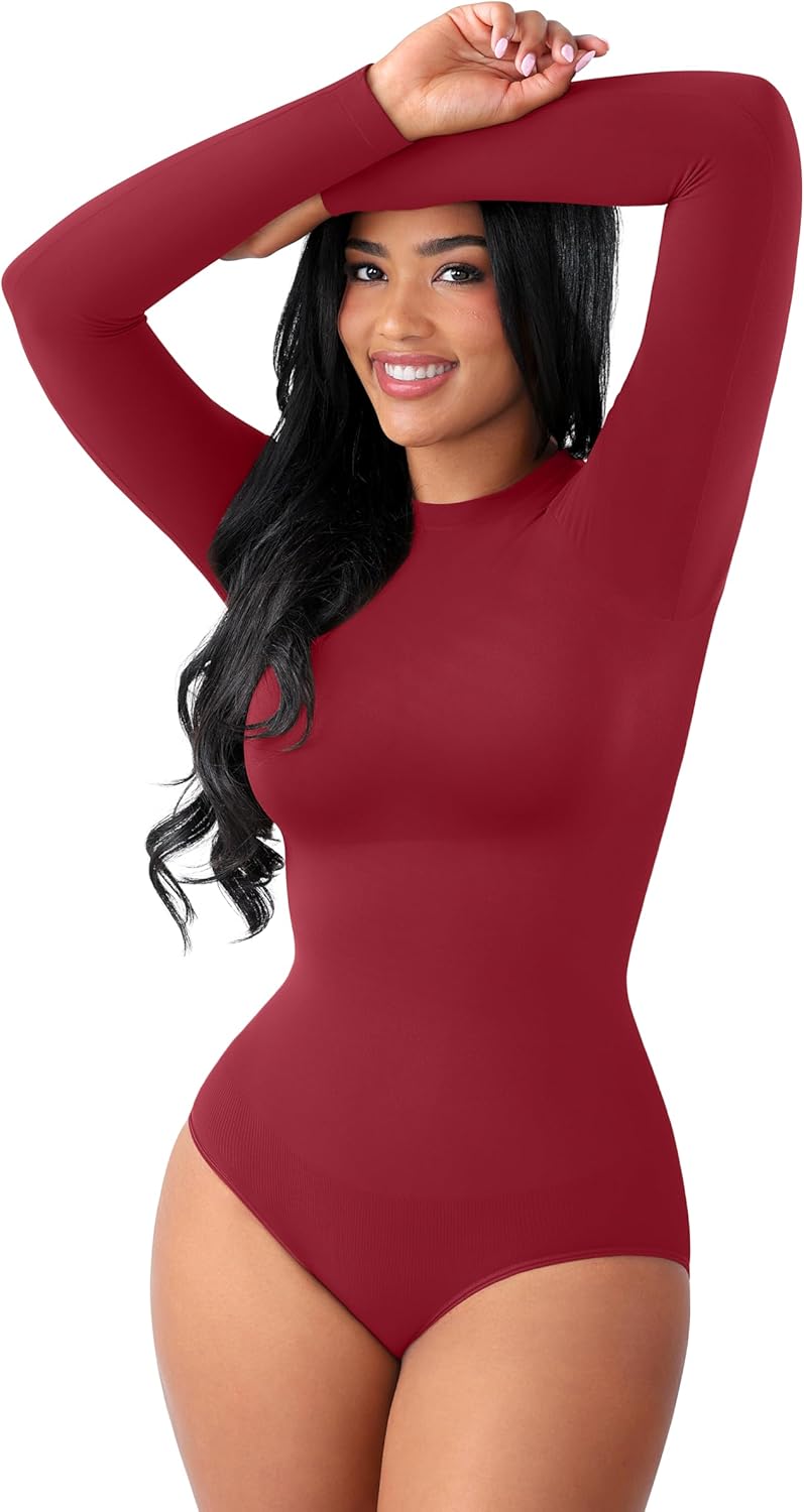 FeelinGirl Lightweight Breathable Bodysuit No Wedgies Smooths Curves Body Suits Women's Bodysuits Long Sleeve Body Suit