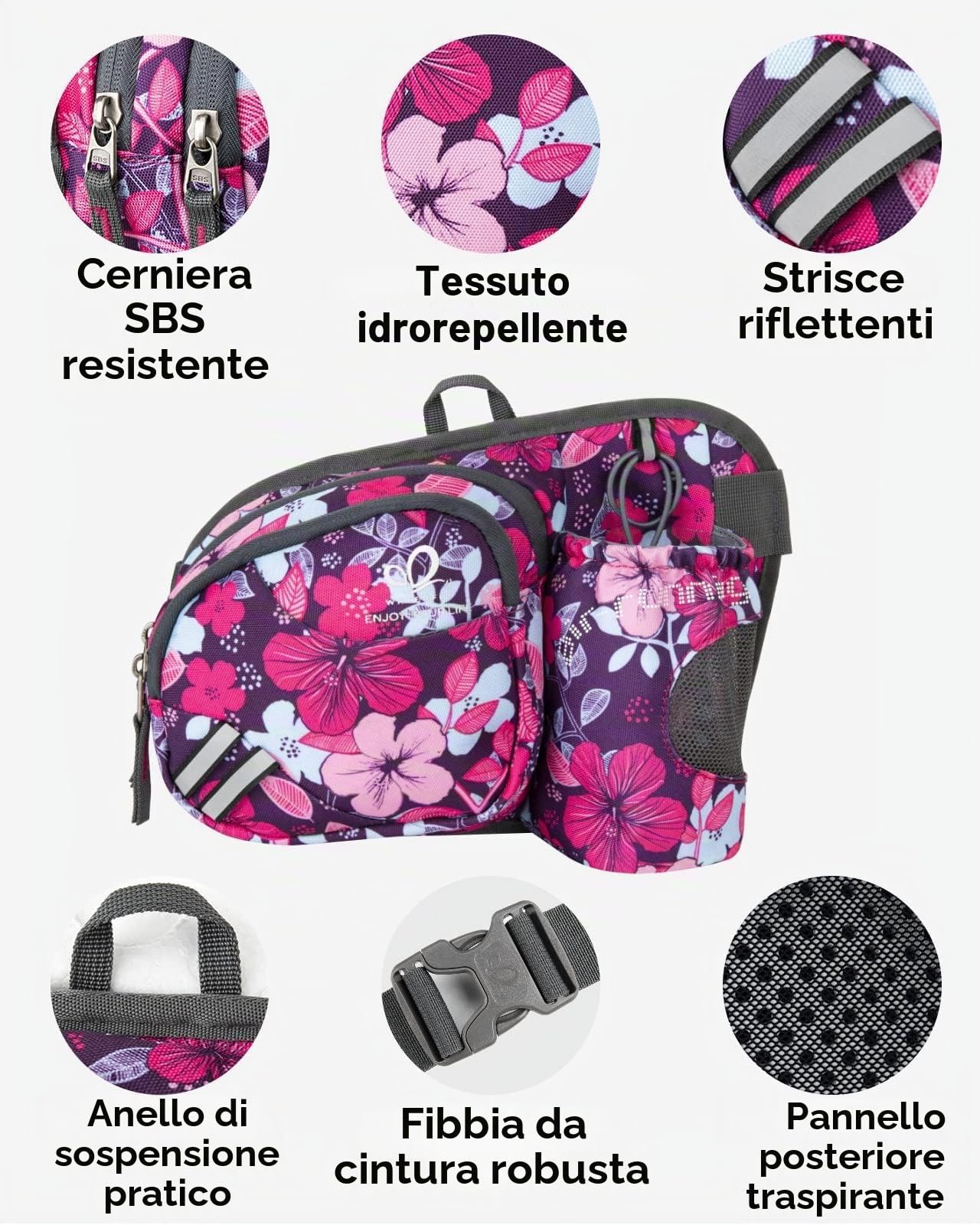 Waterfly Marsupio Trekking con Portaborraccia Marsupio Sportivo Uomo Donna per Escursionismo, Corsa, Ciclismo e Arrampicata (Fiore viola)