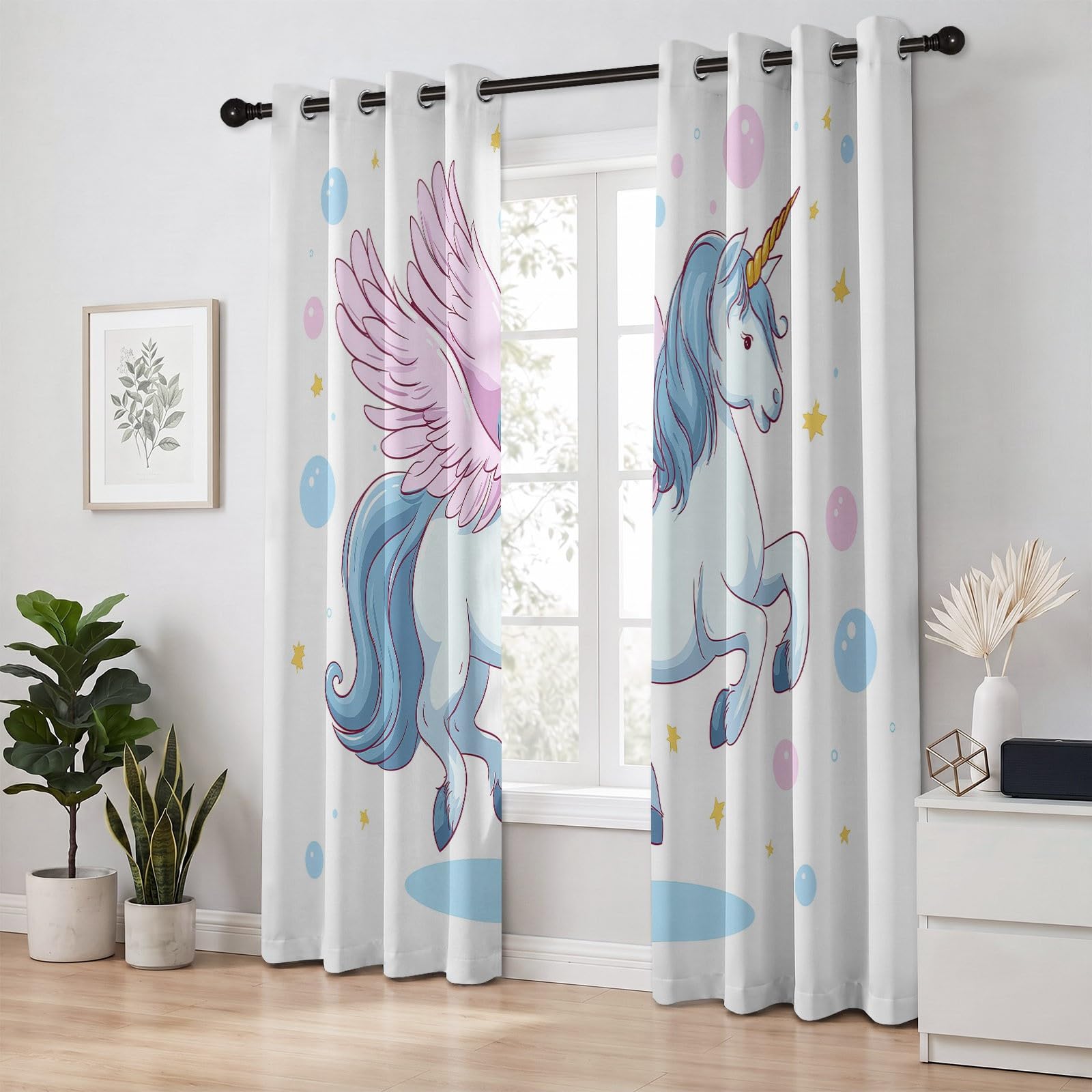 Générique Rideau Licorne Opaque 100% Occultant 2 Panneaux 132Lx240H cm, Isolant Thermiques Anti Froid Chaleur, Rideaux Conte Fées Mignon Chambre Fille Chambre Salon, avec Oeillets