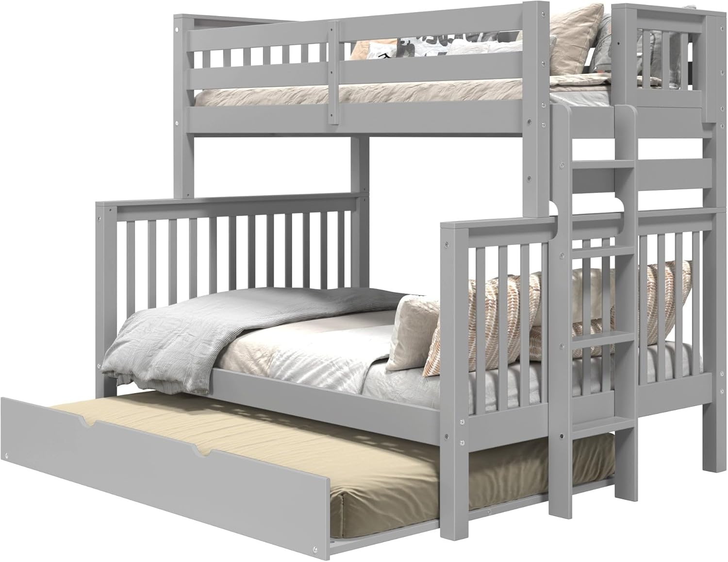 Bedz King Bunk Beds Twin Over Full Mission Style, End Ladder, Full Trundle, Gray